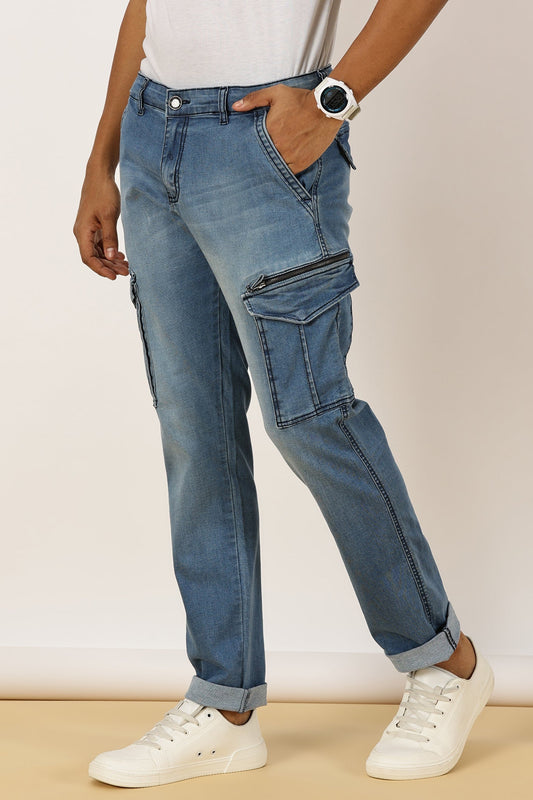 Multi Pocket Stretchable Light Blue Denim Cargo
