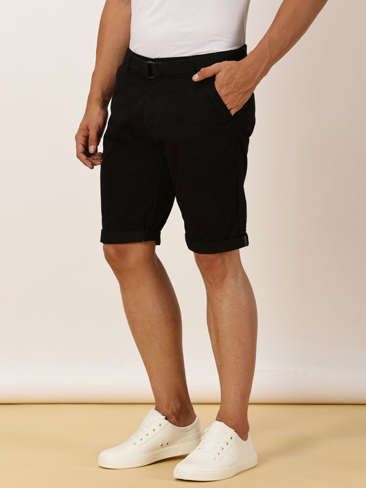 Black Regular Fit Solid Shorts With Belt