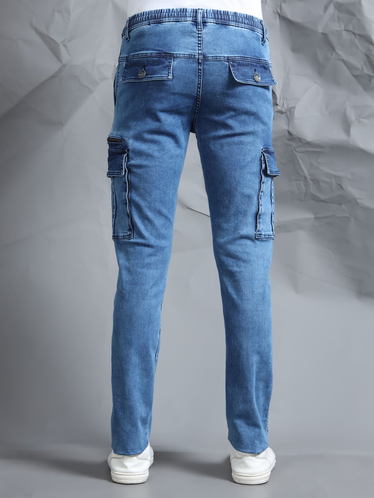 Cotton Lycra Indigo  Mid Rise Cargo Pant with 7 Pockets  Drawstring Closure