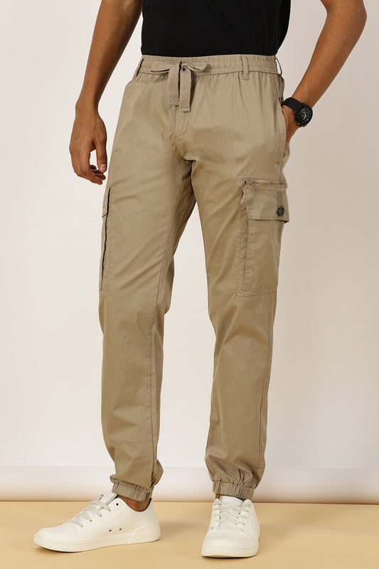 Elasticated Waist Zip Pocket Stretchable Beige Jogger Cargo