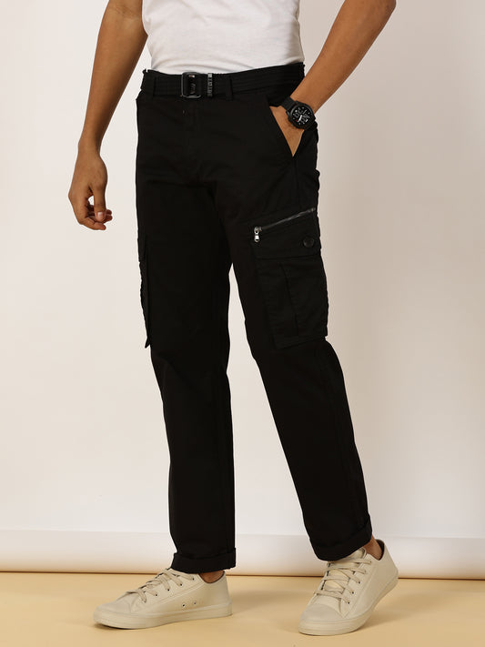 BEEVEE Men's Solid Black Cargo Pants with Belt