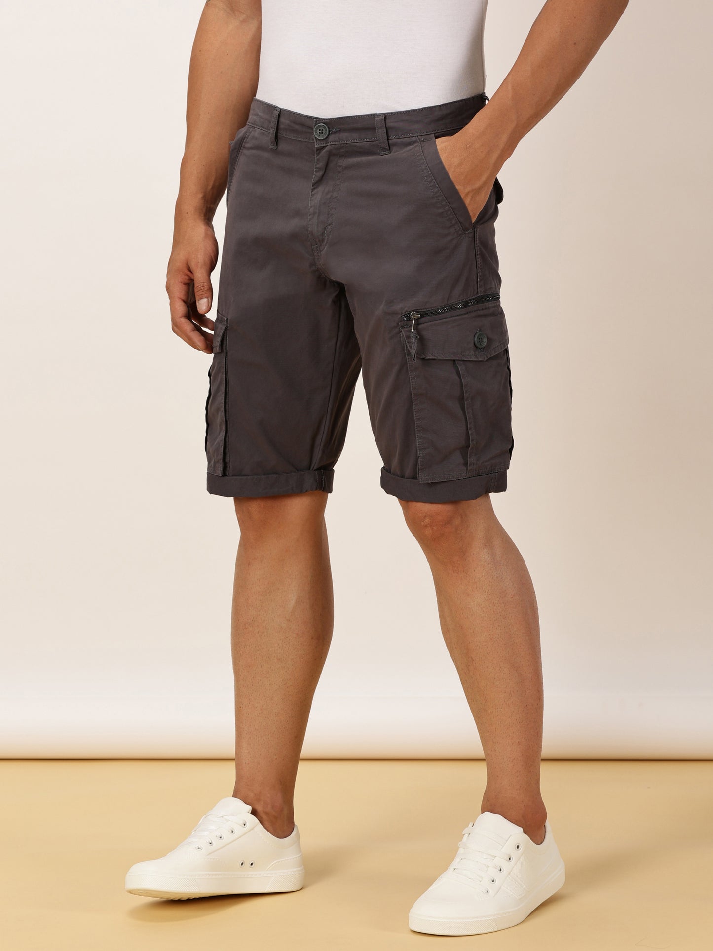 Zip Pocket Stretchable M Grey Cargo Shorts