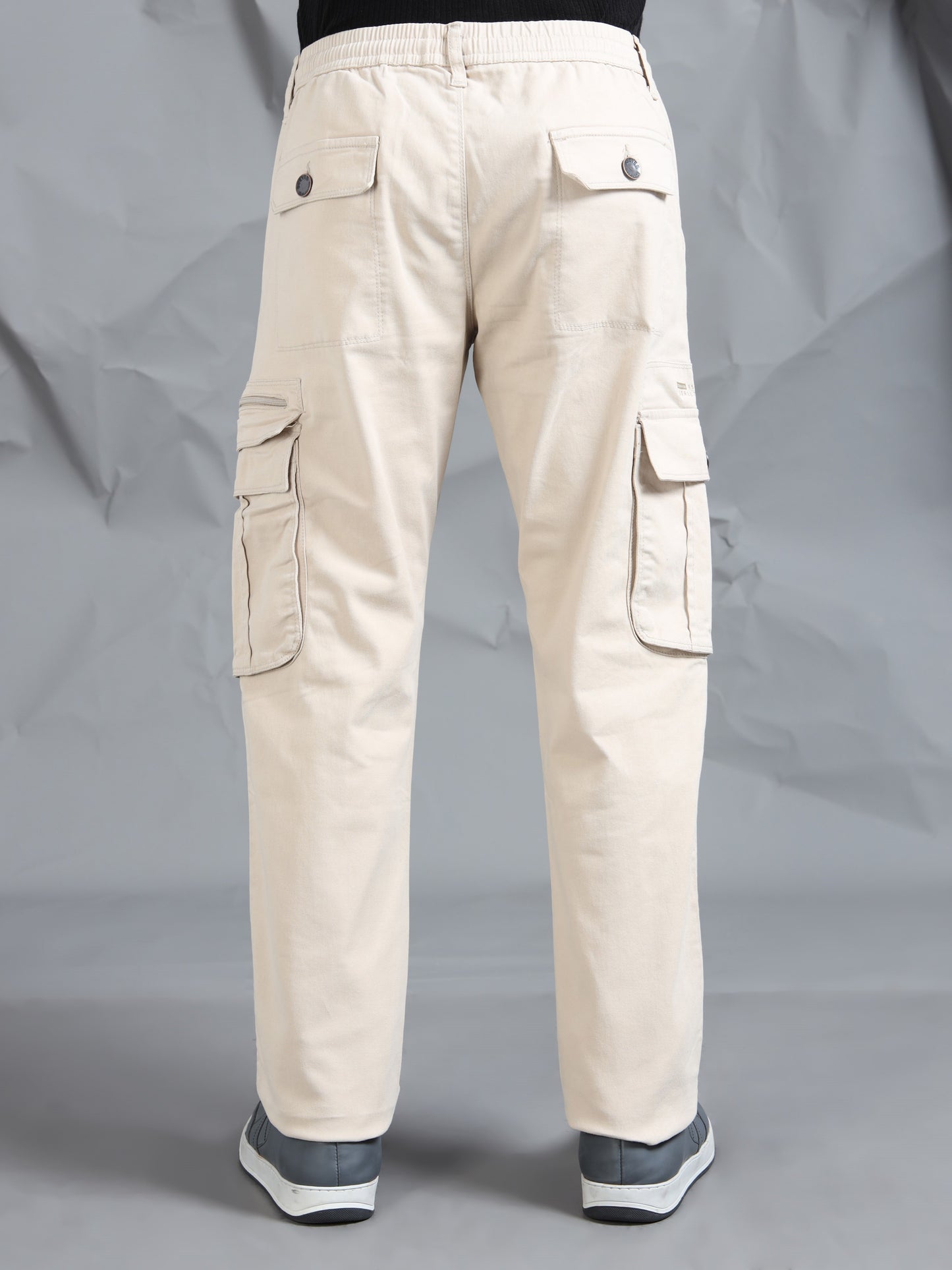 Cotton Lycra Sand  Mid Rise Cargo Pant with 7 Pockets  Drawstring Closure