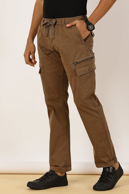 Elasticated Waist Multi Pocket Stretchable Brown Cargo