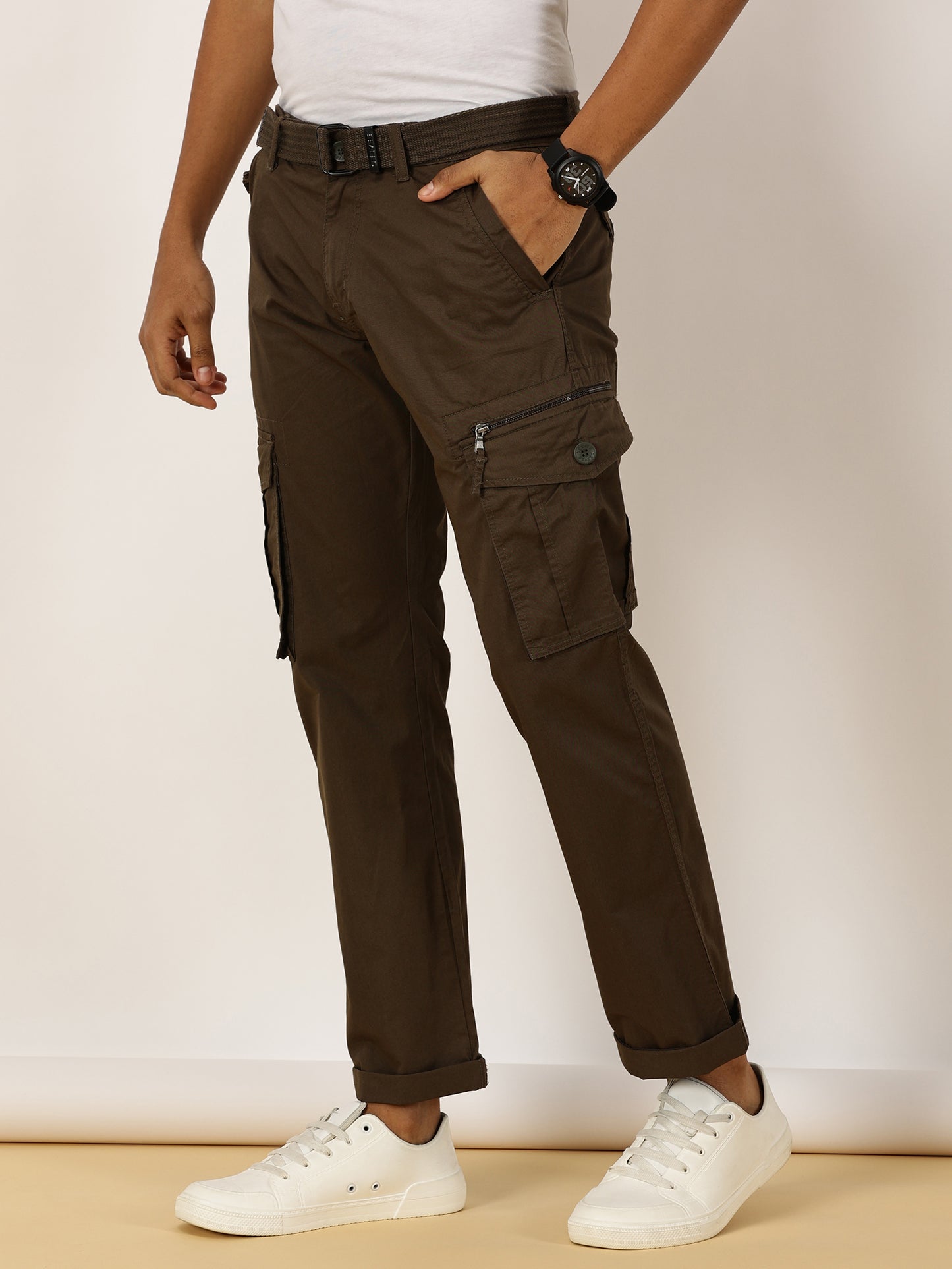 BEEVEE Men's Solid Olive Cargo Pants with Belt