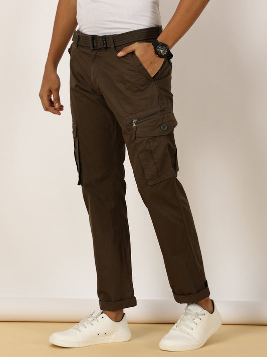BEEVEE Men's Solid Olive Cargo Pants with Belt