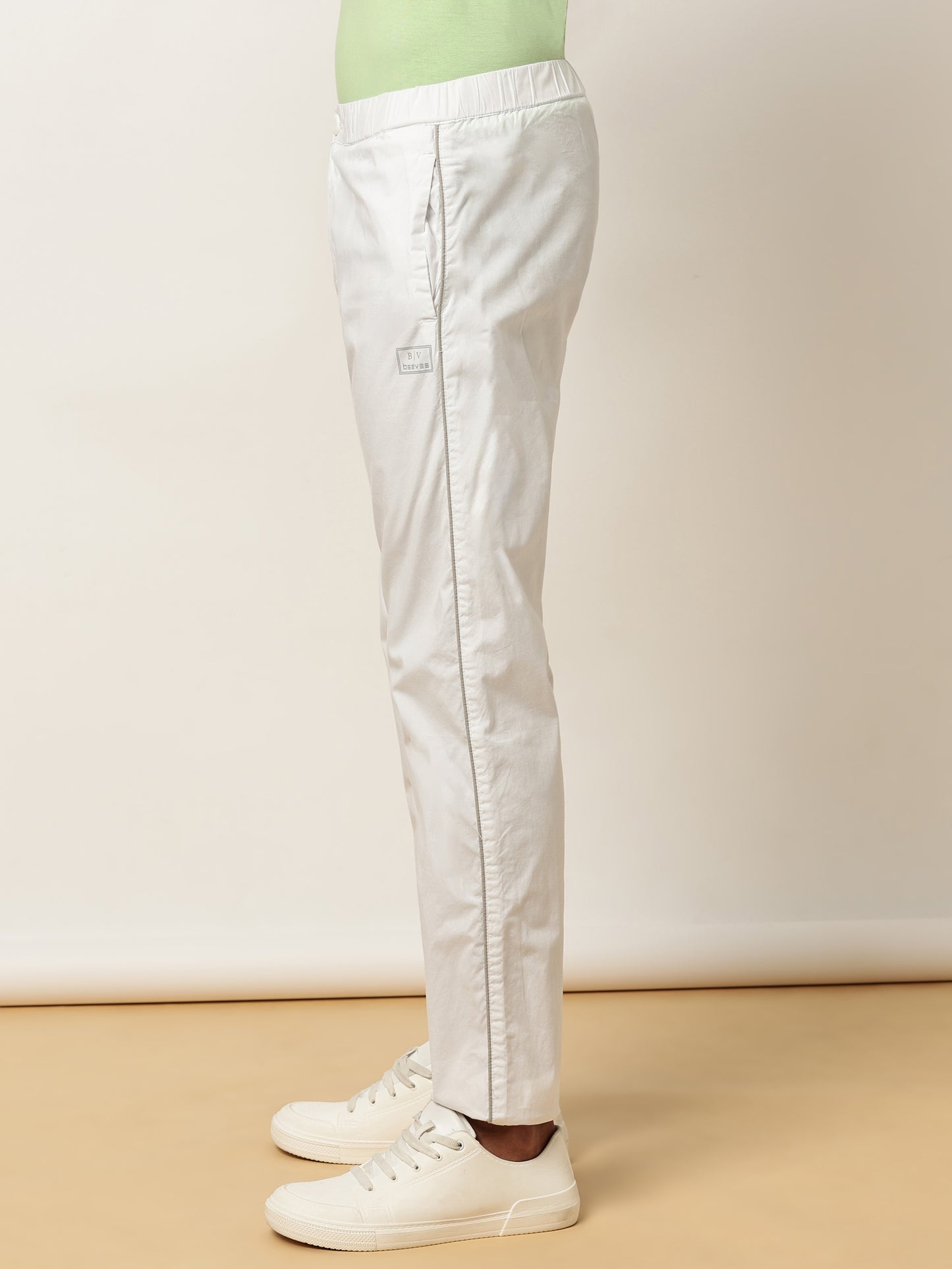 Elasticated Waist Zip Pocket Stretchable White Lounge Pants with Side Tape