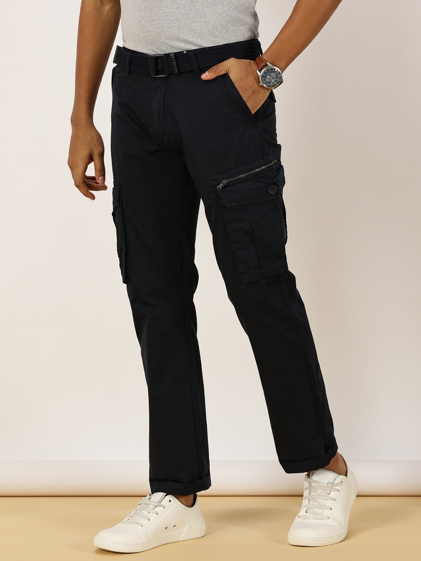 BEEVEE Men's Solid Navy Cargo Pants with Belt
