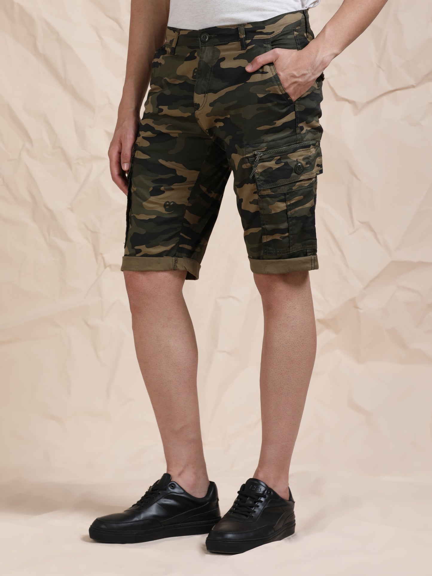 Olive Cargo Shorts with Camo Print