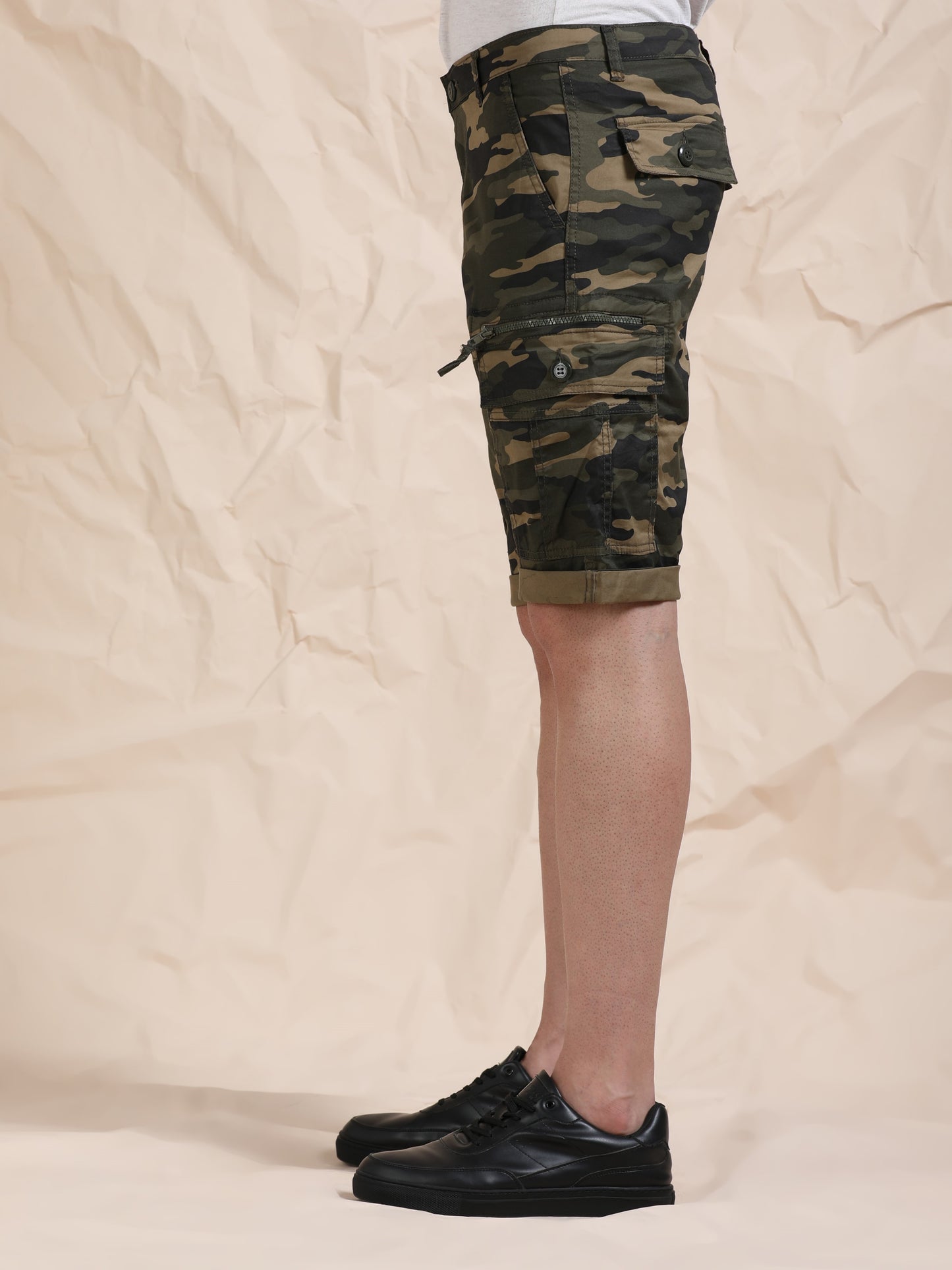 Olive Cargo Shorts with Camo Print