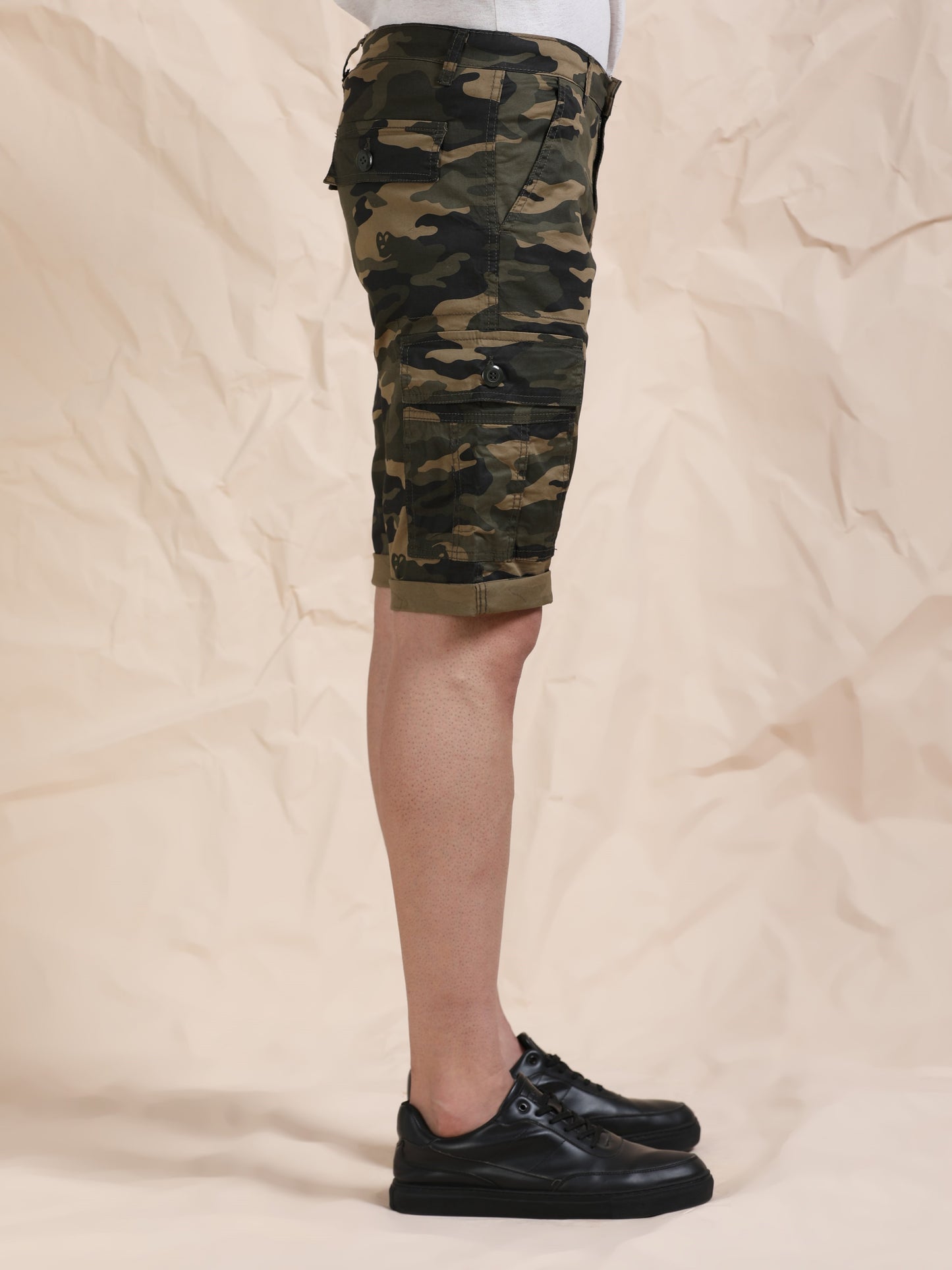 Olive Cargo Shorts with Camo Print