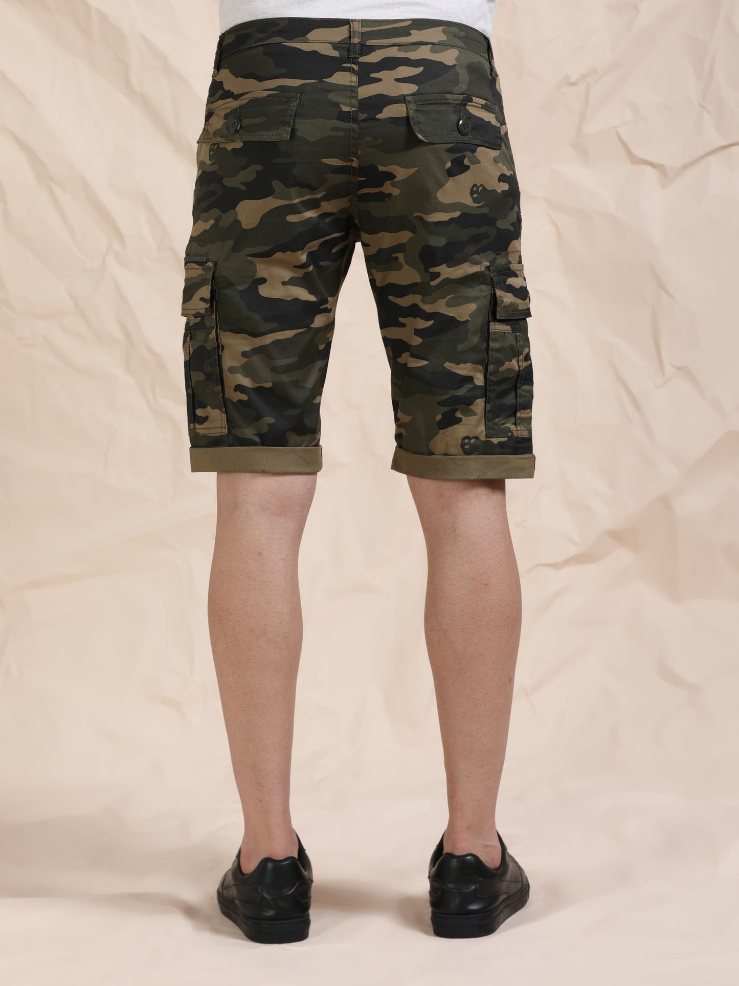 Olive Cargo Shorts with Camo Print