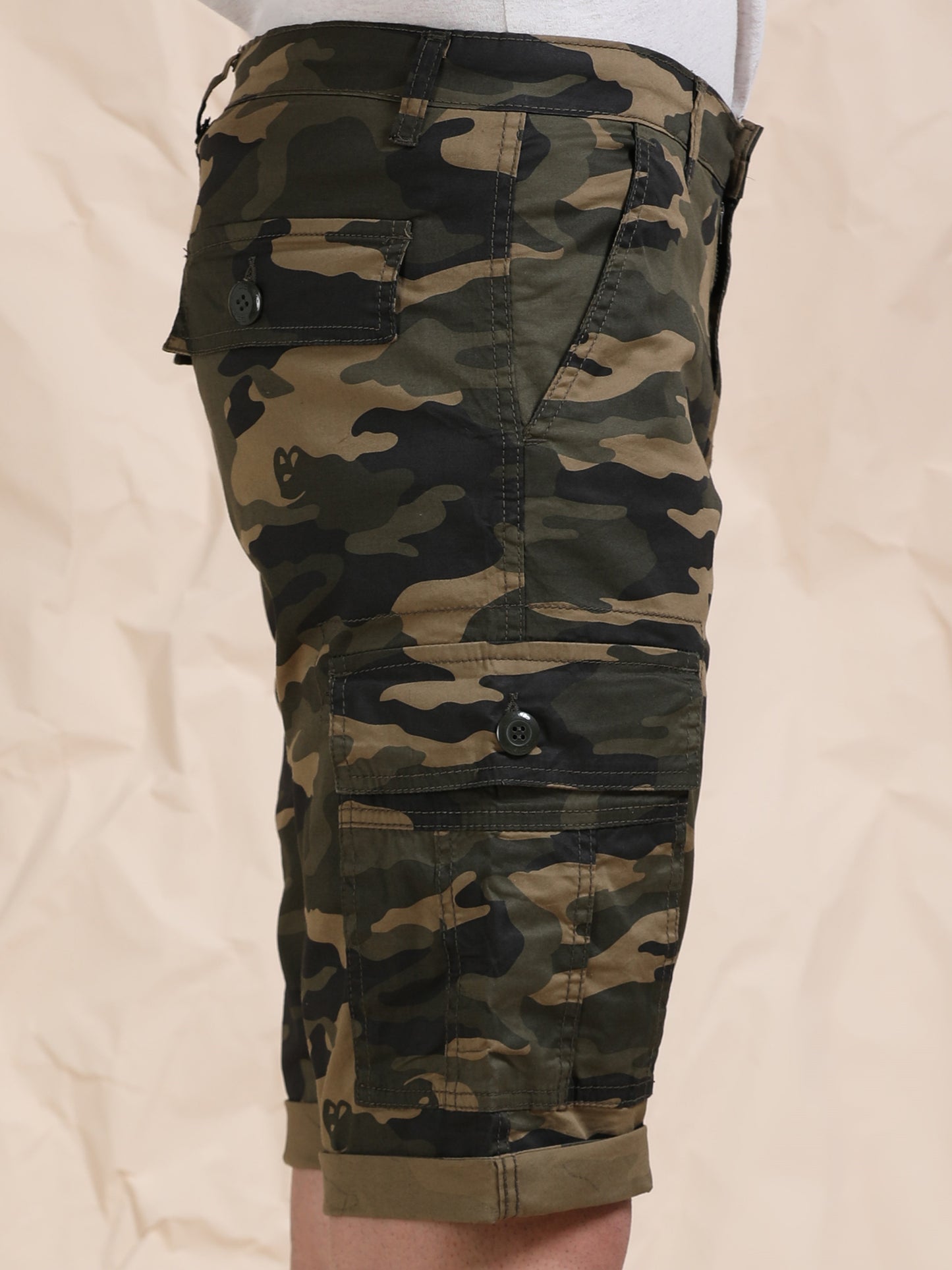 Olive Cargo Shorts with Camo Print