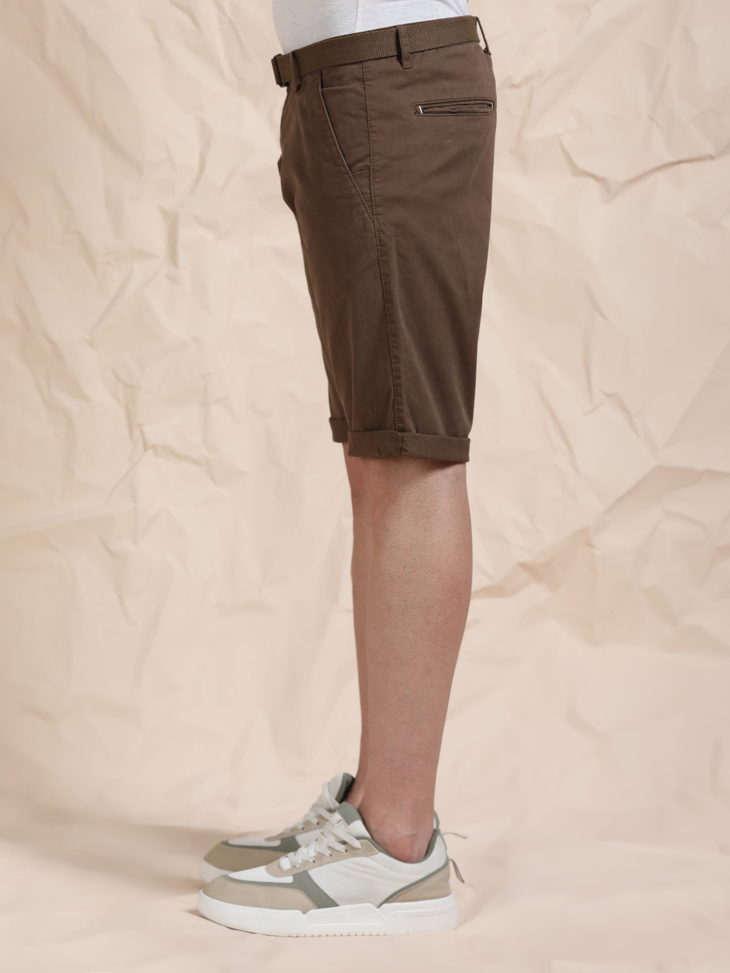 Cross Pocket Brown Shorts with Belt