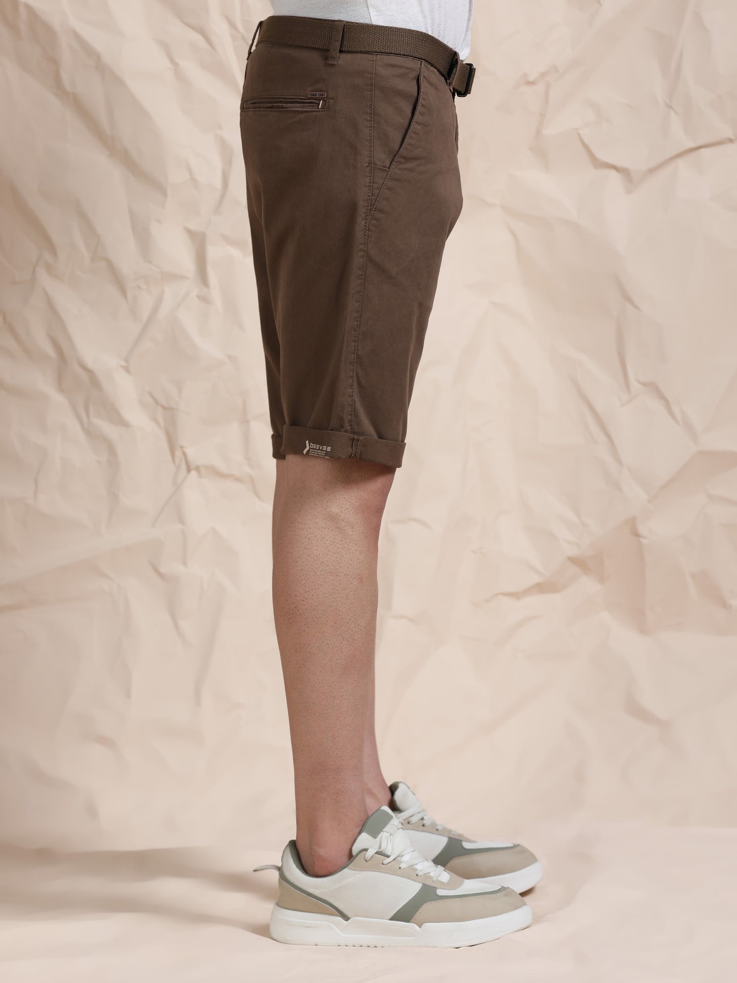 Cross Pocket Brown Shorts with Belt