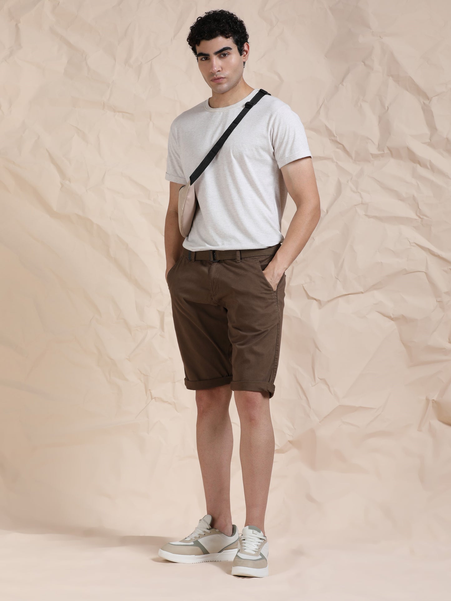 Cross Pocket Brown Shorts with Belt