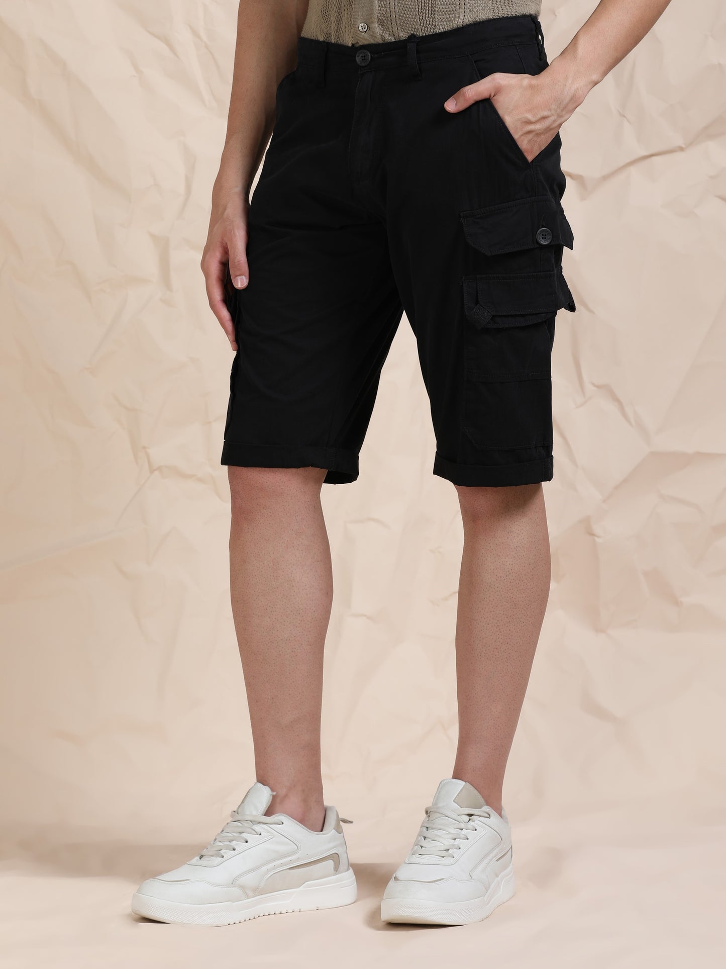 Cotton Black Cargo Shorts with Cross Pocket
