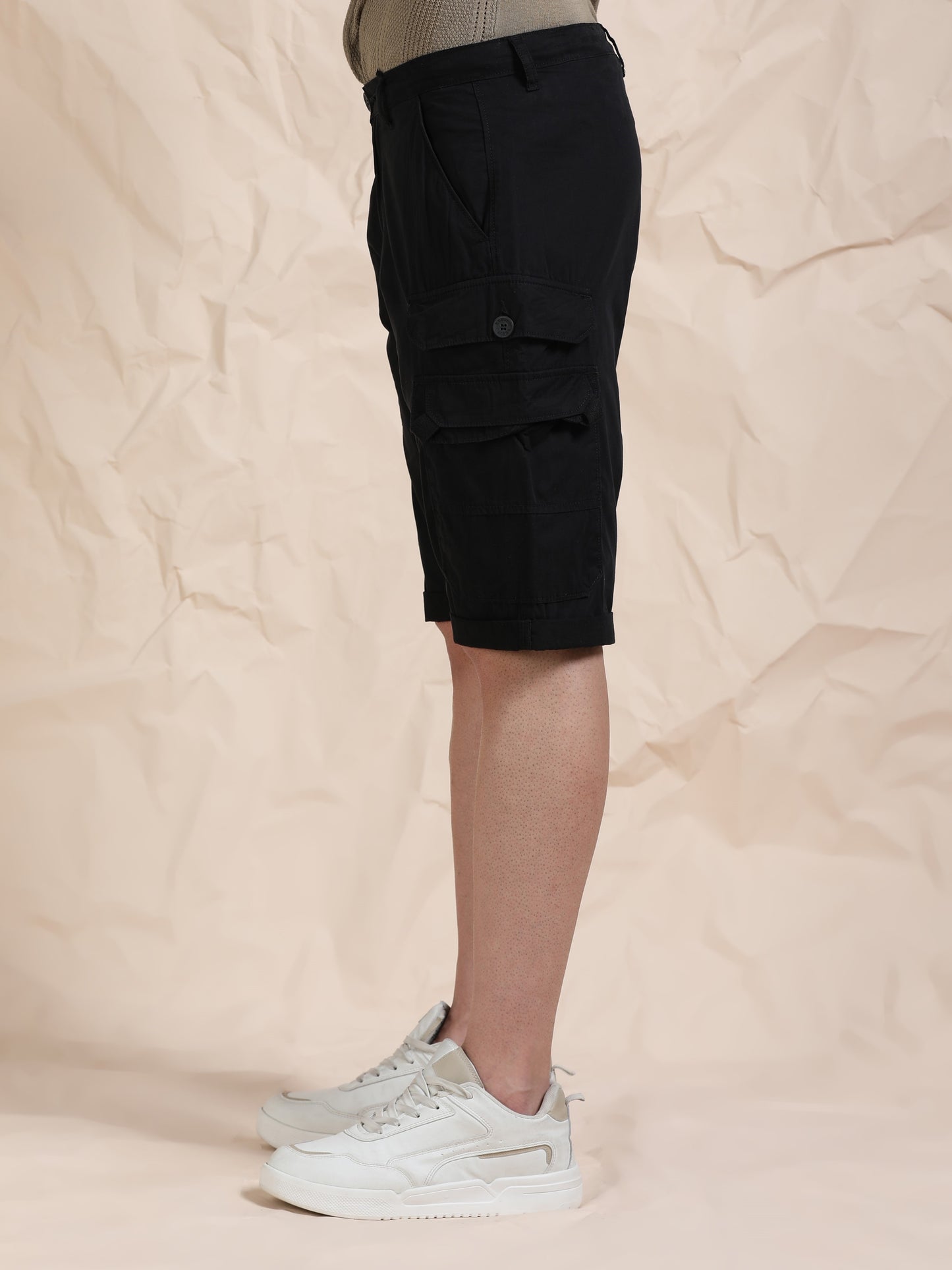 Cotton Black Cargo Shorts with Cross Pocket
