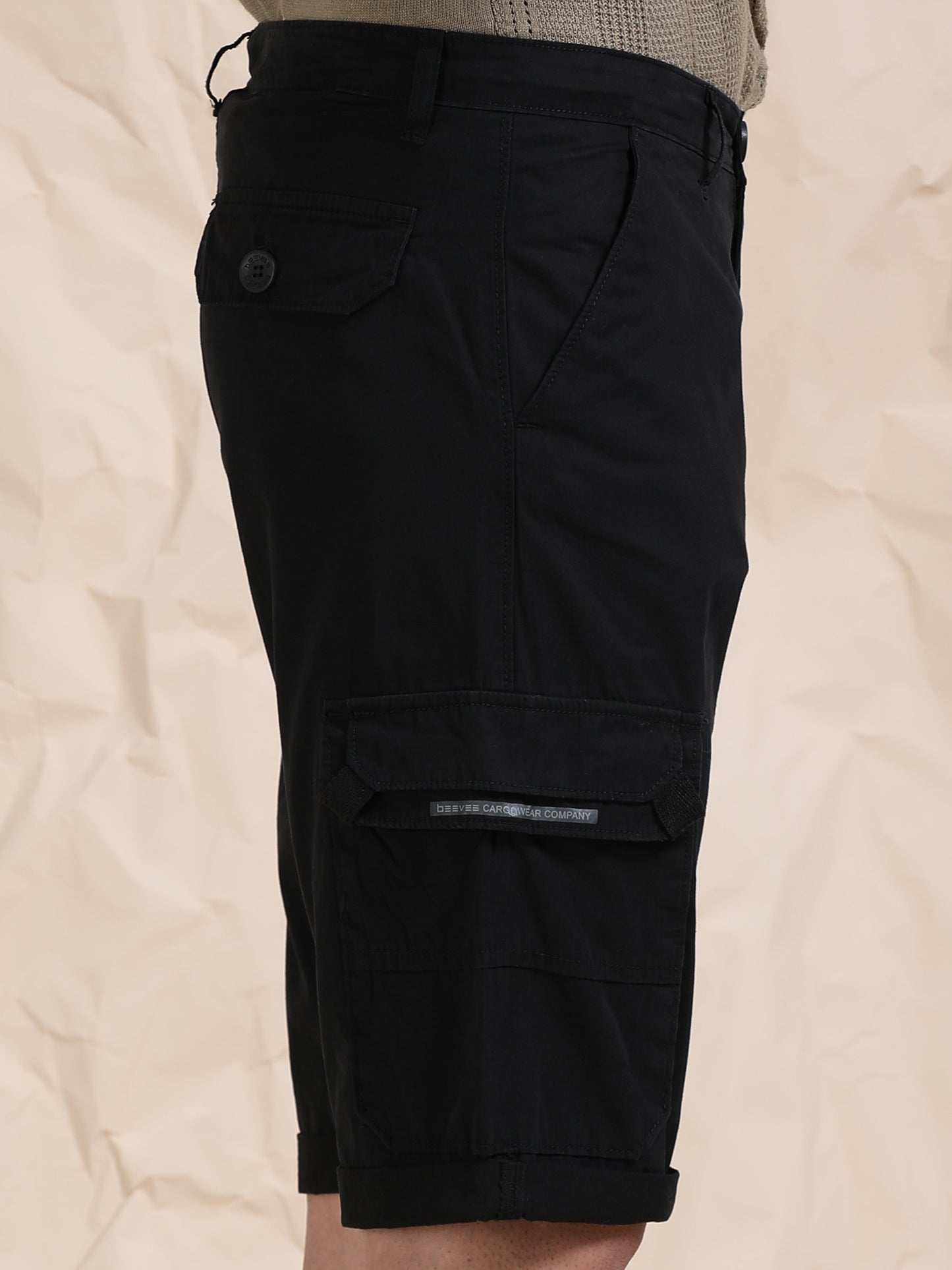 Cotton Black Cargo Shorts with Cross Pocket