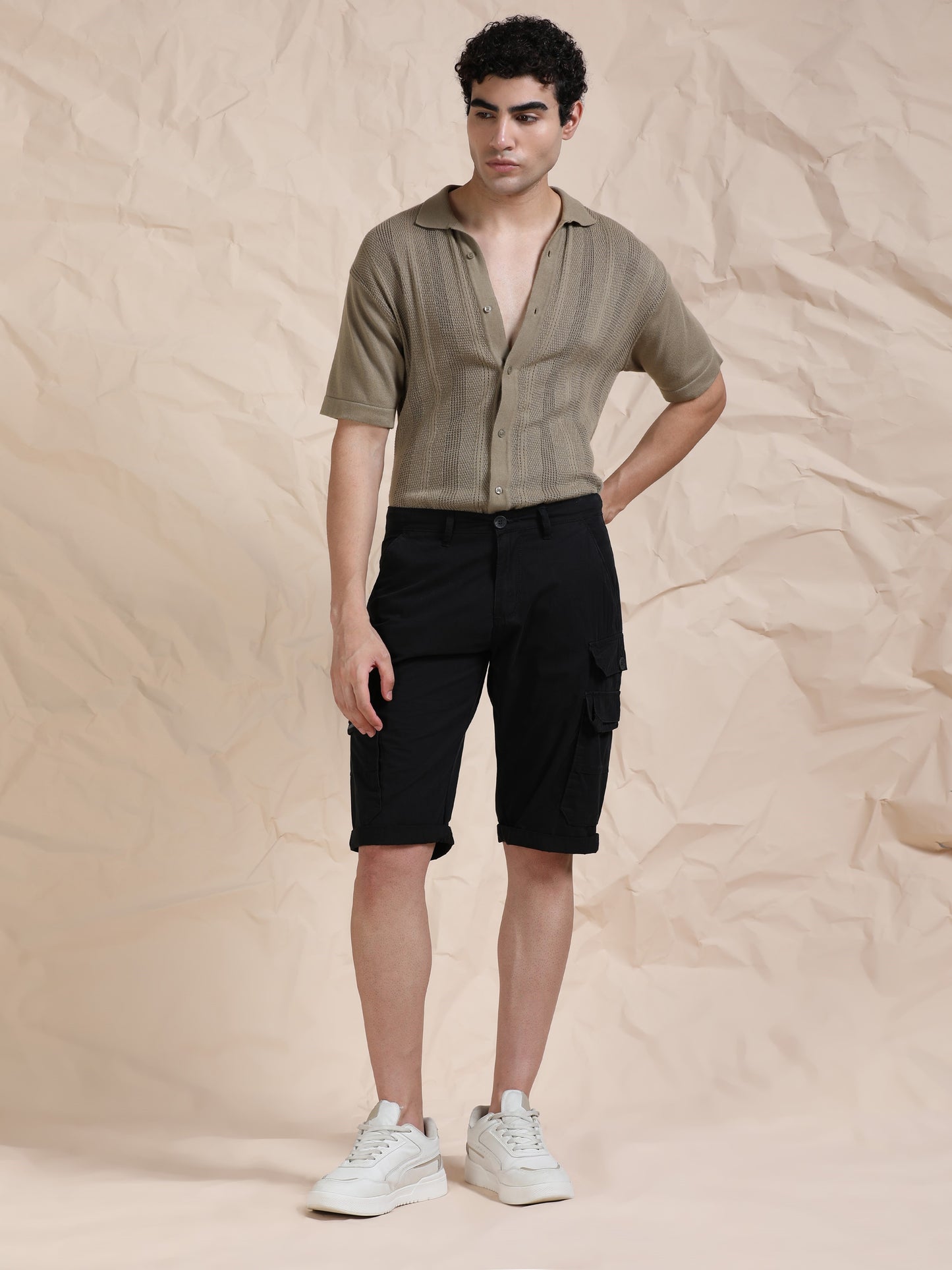 Cotton Black Cargo Shorts with Cross Pocket