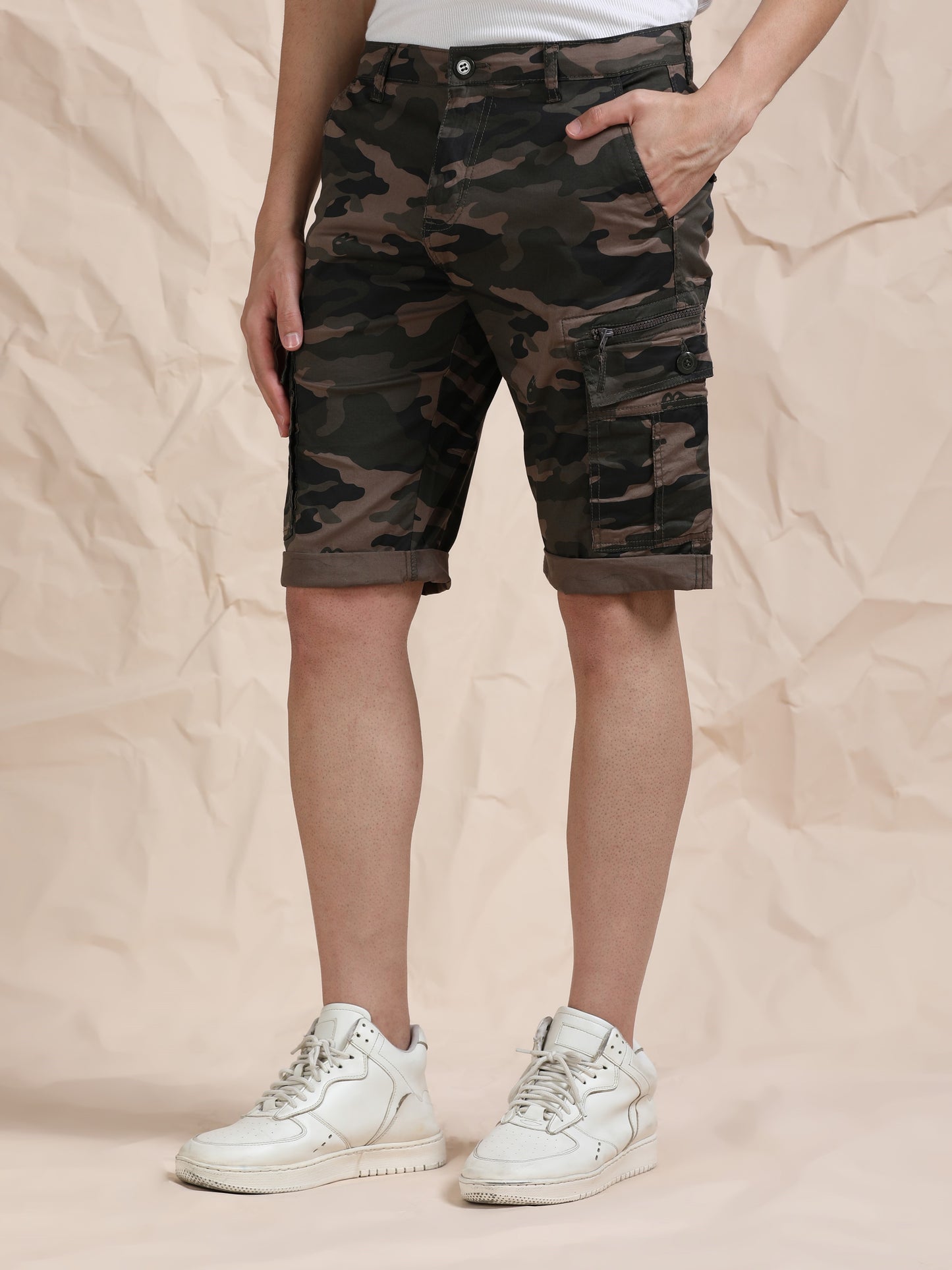 Grey Cargo Shorts with Camo Print