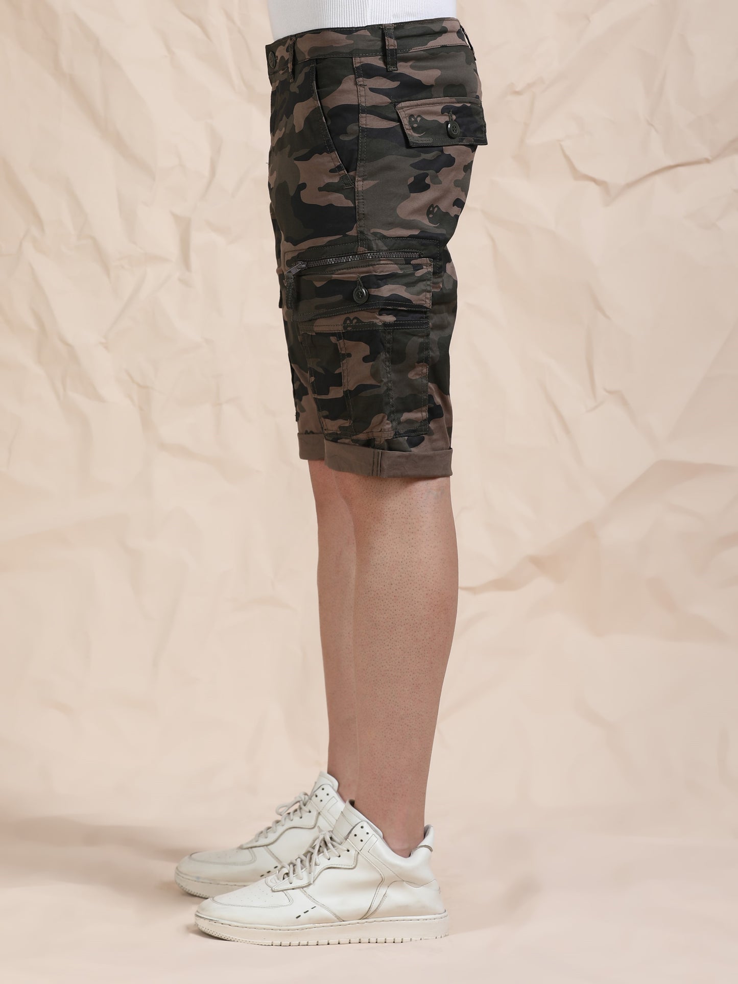 Grey Cargo Shorts with Camo Print