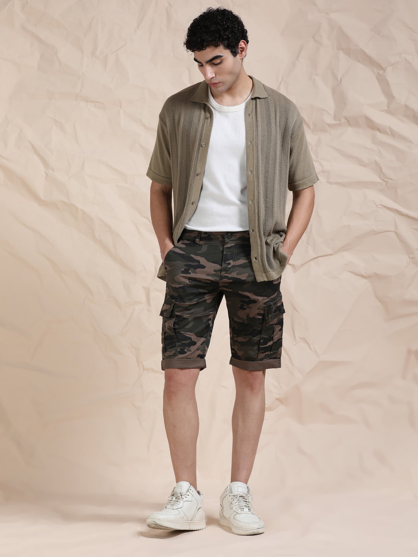 Grey Cargo Shorts with Camo Print