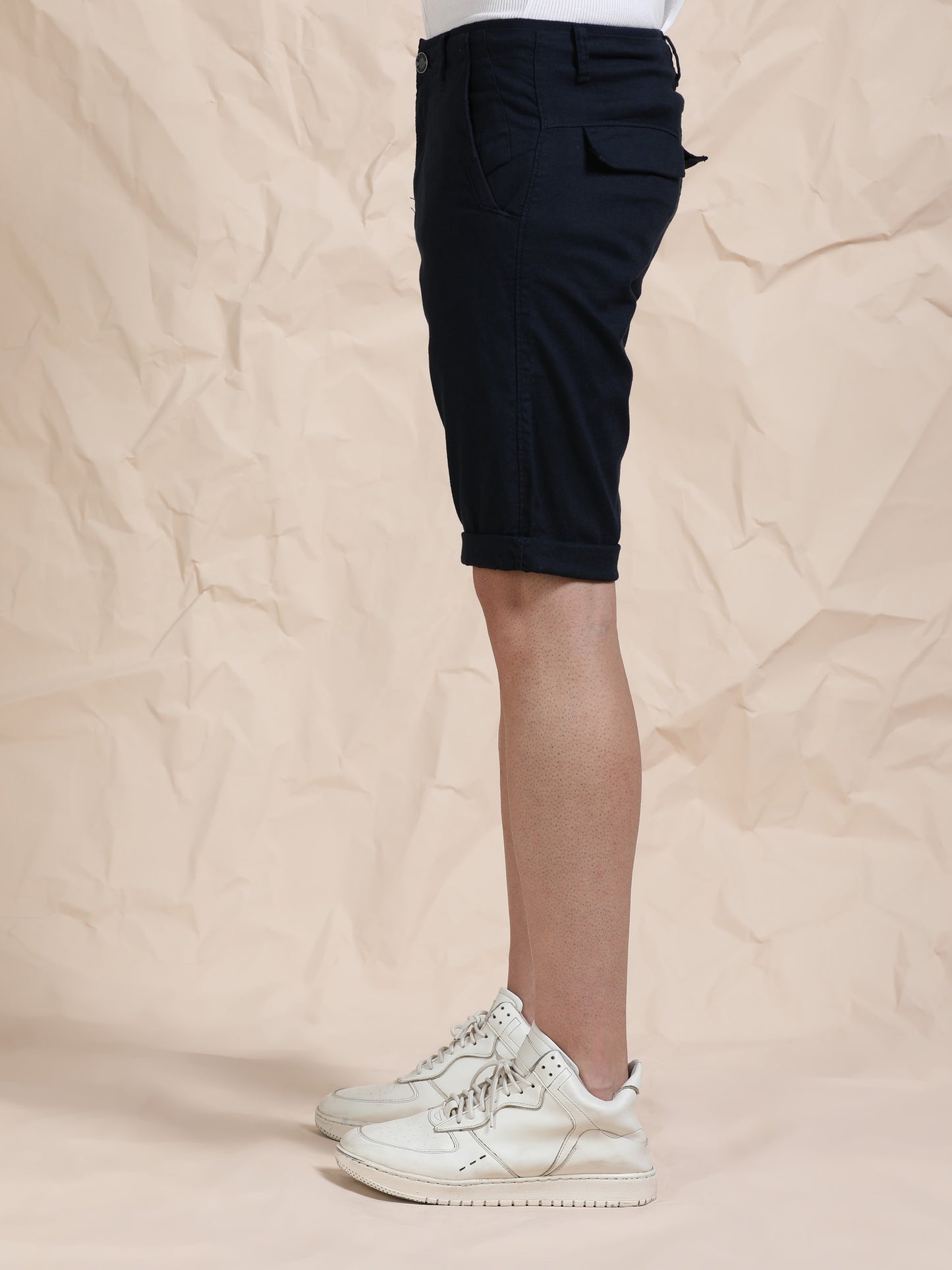 Cross Pocket Navy Shorts with Metal Button