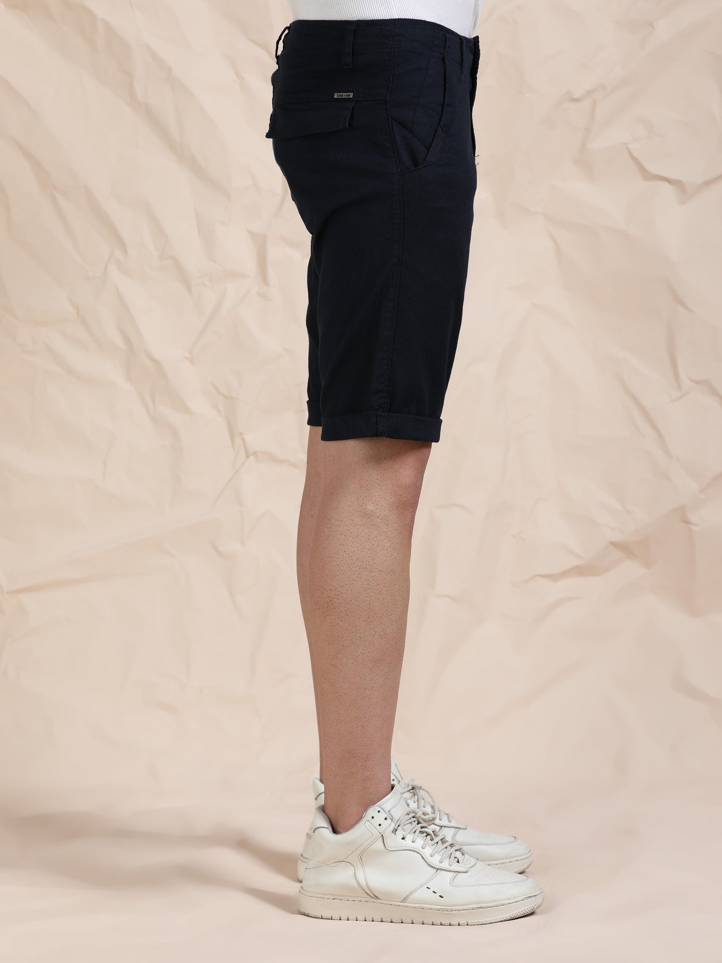 Cross Pocket Navy Shorts with Metal Button