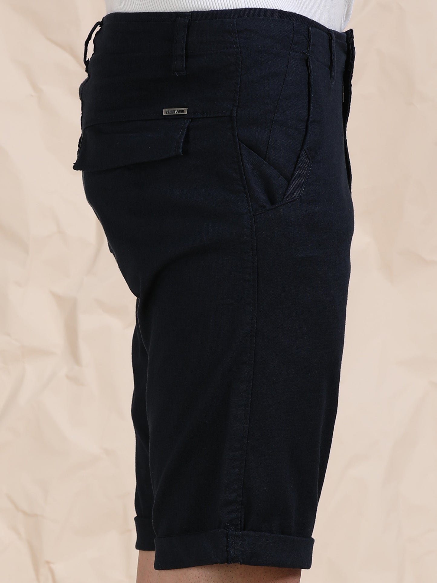 Cross Pocket Navy Shorts with Metal Button