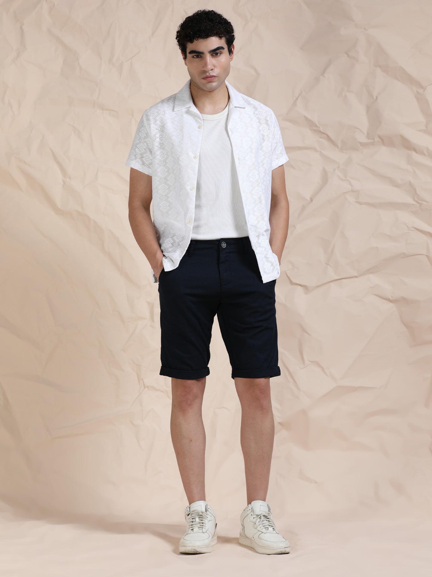 Cross Pocket Navy Shorts with Metal Button