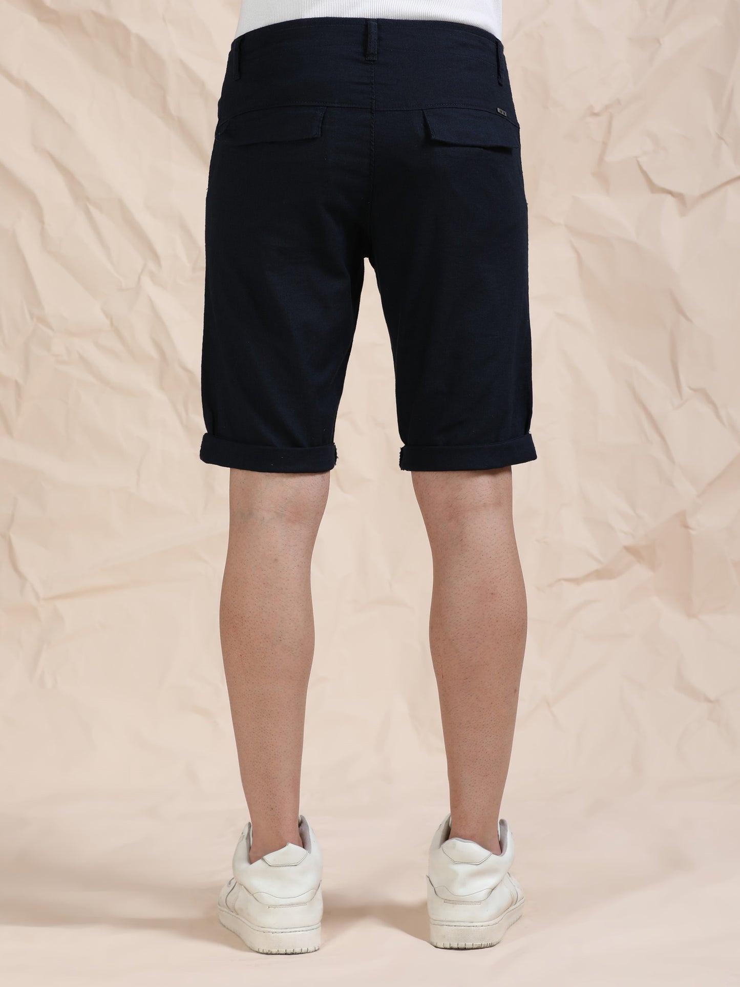 Cross Pocket Navy Shorts with Metal Button