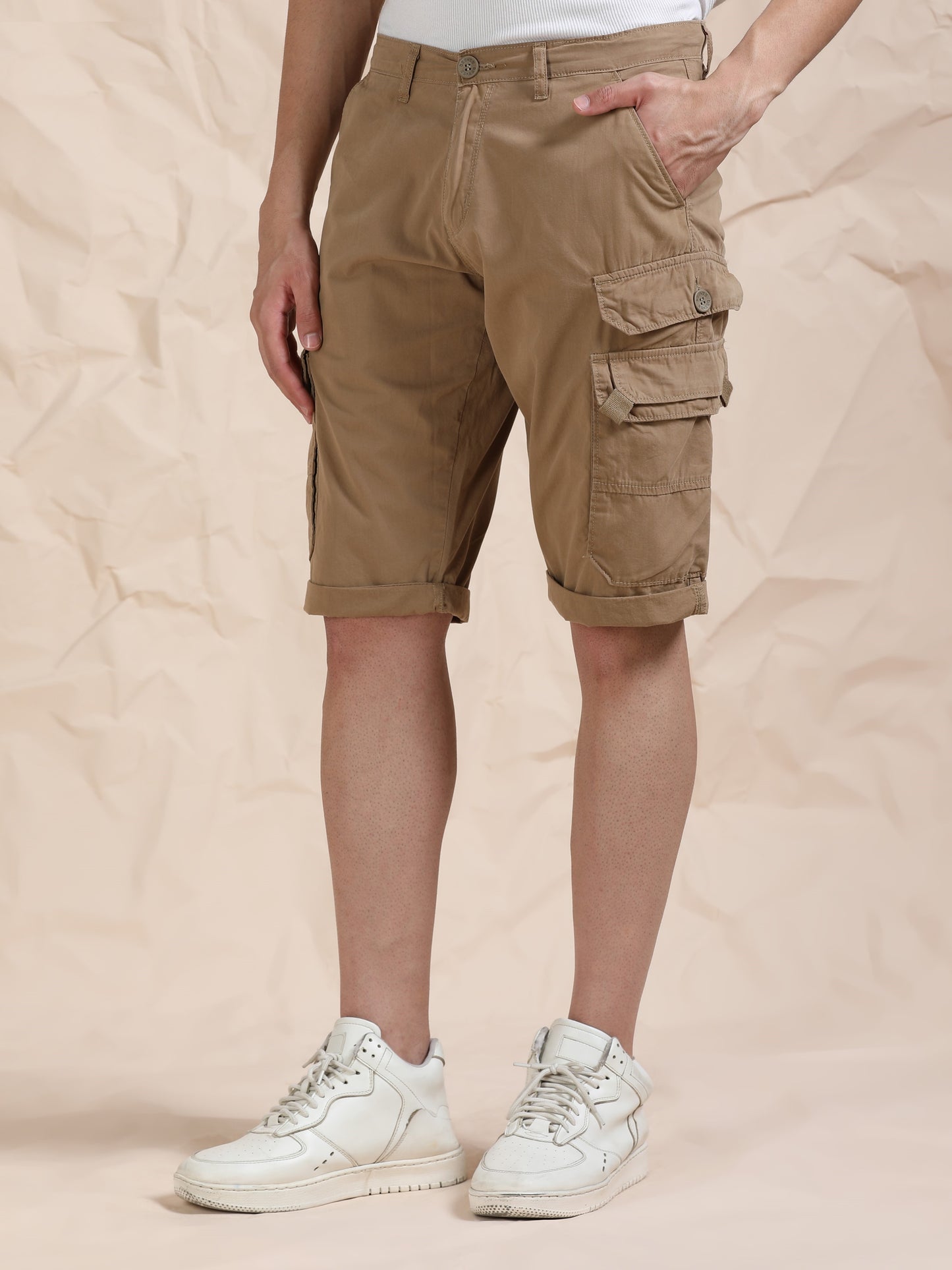 Cotton Khaki Cargo Shorts with Cross Pocket