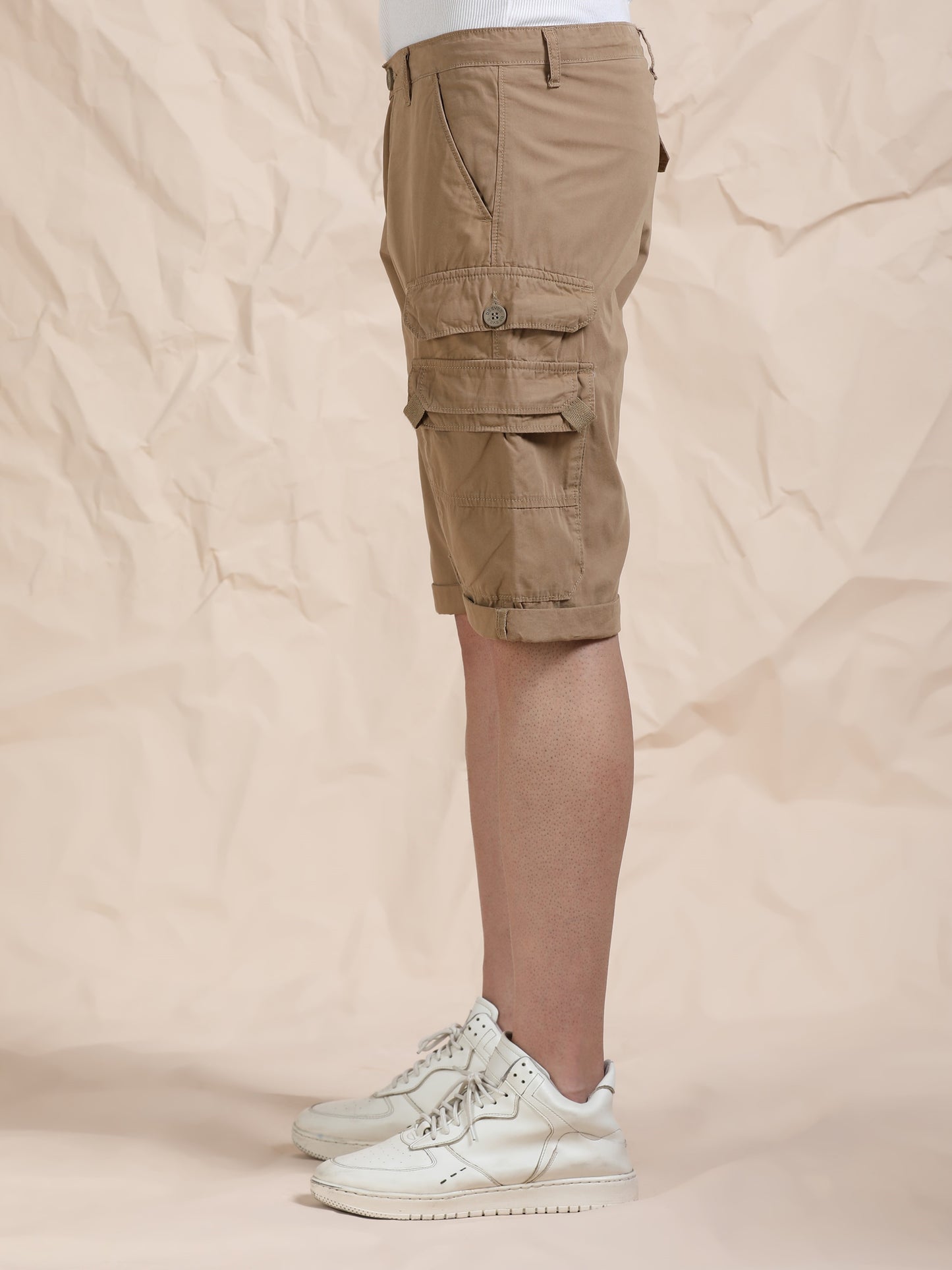 Cotton Khaki Cargo Shorts with Cross Pocket