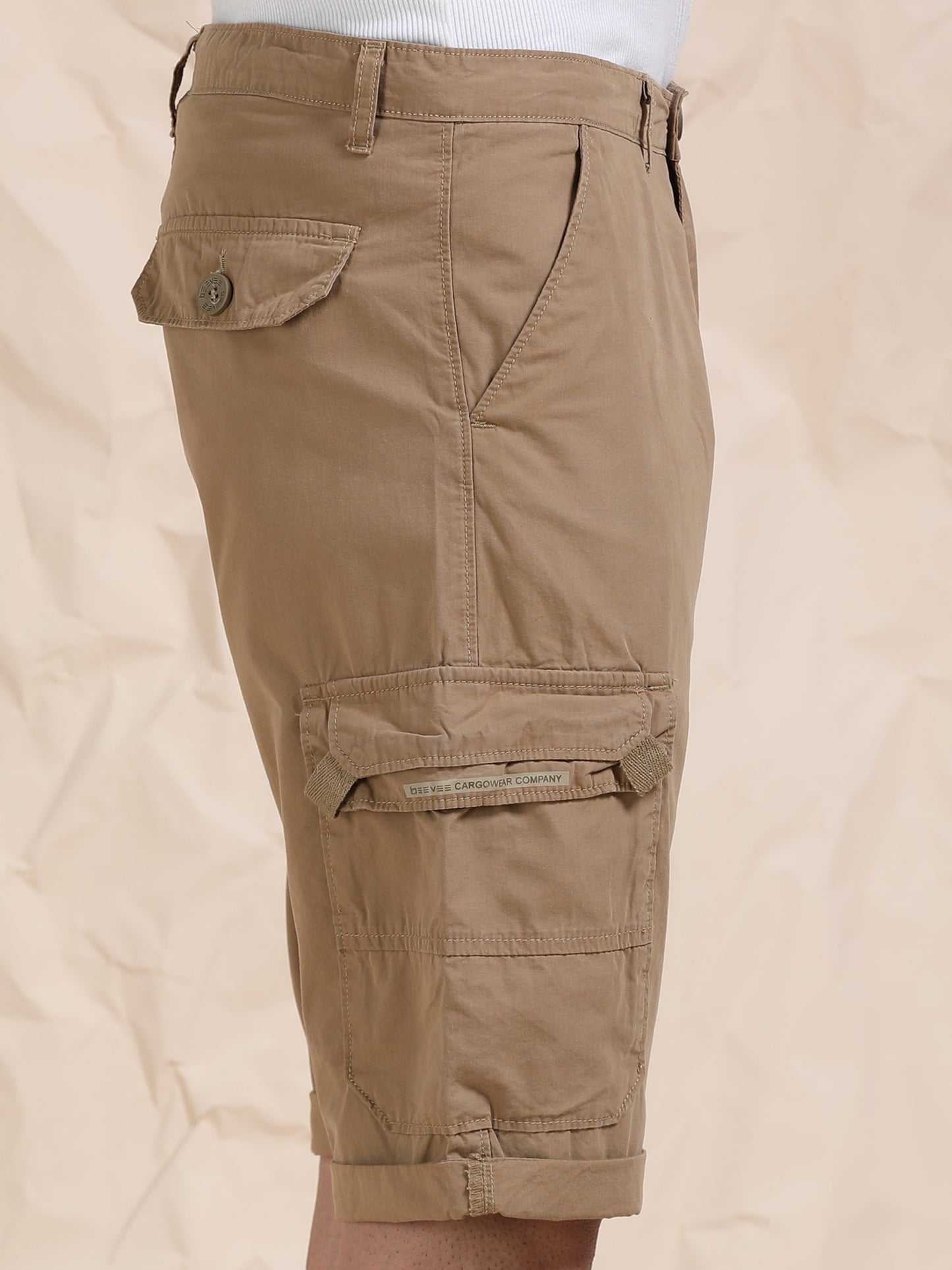 Cotton Khaki Cargo Shorts with Cross Pocket