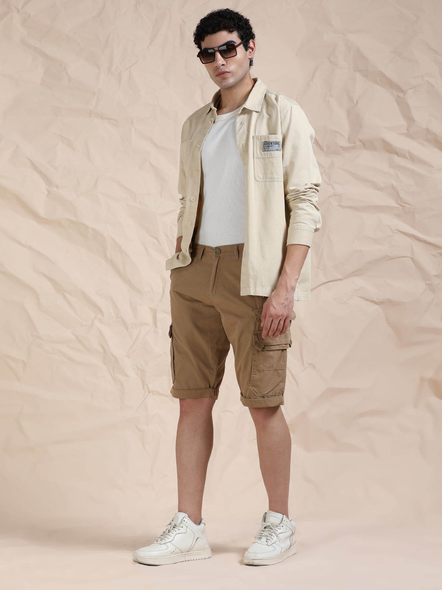 Cotton Khaki Cargo Shorts with Cross Pocket
