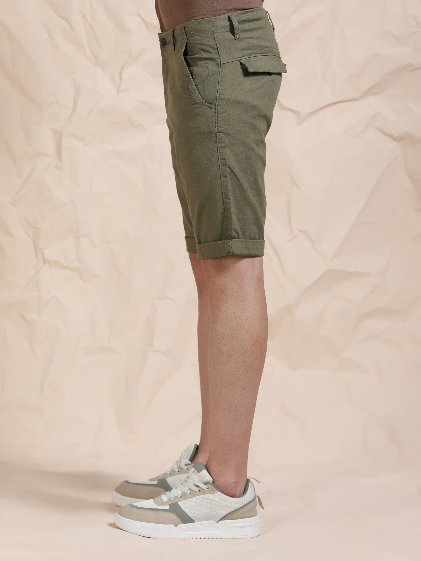 Cross Pocket Olive Shorts with Metal Button
