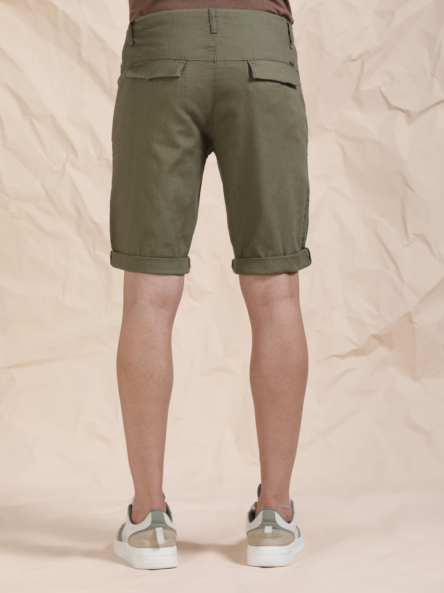 Cross Pocket Olive Shorts with Metal Button