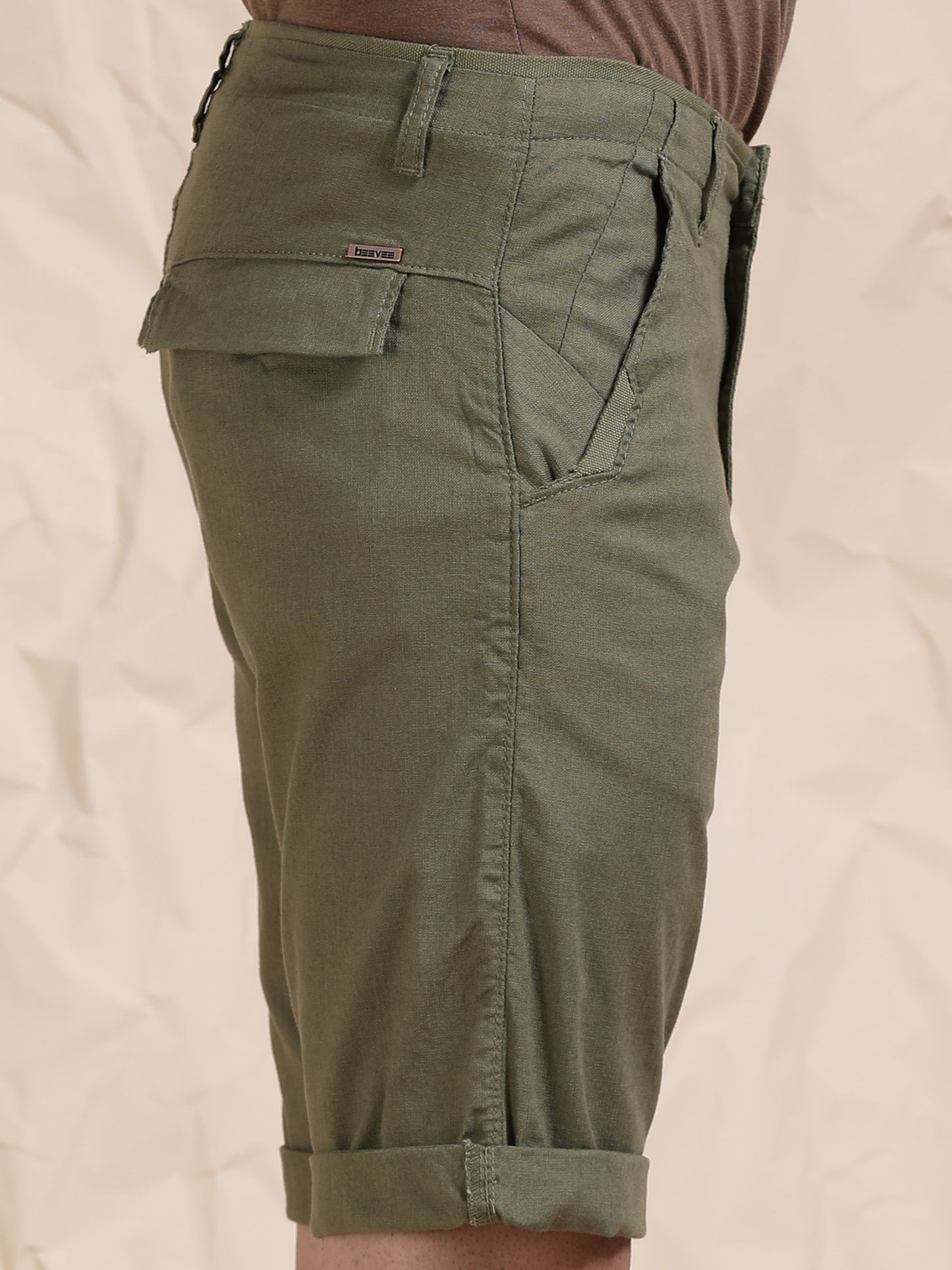 Cross Pocket Olive Shorts with Metal Button