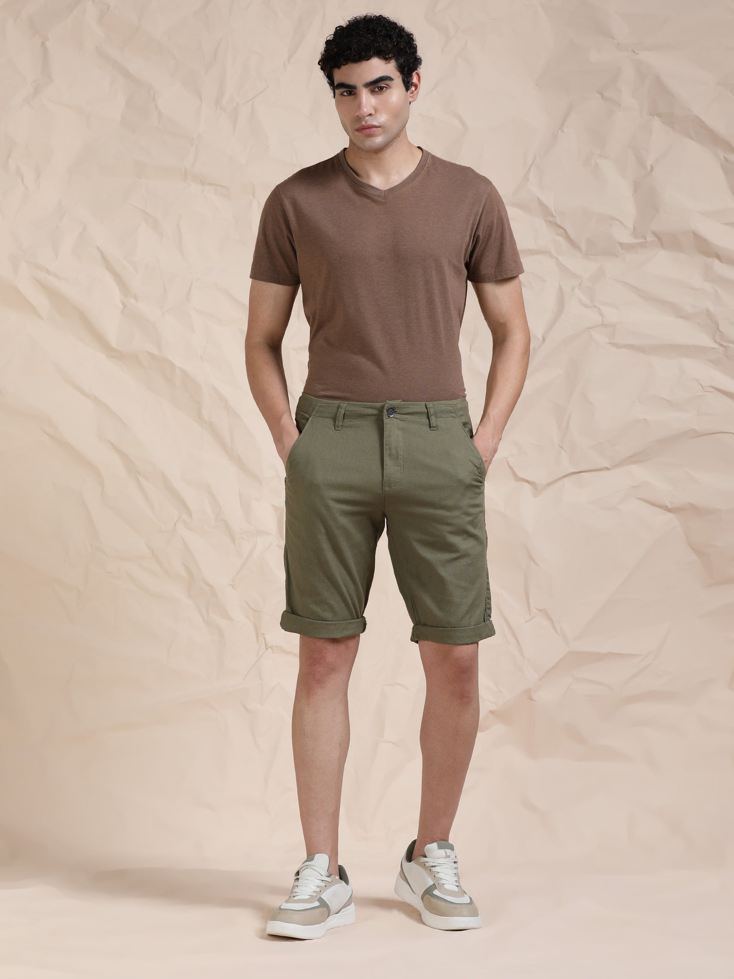 Cross Pocket Olive Shorts with Metal Button