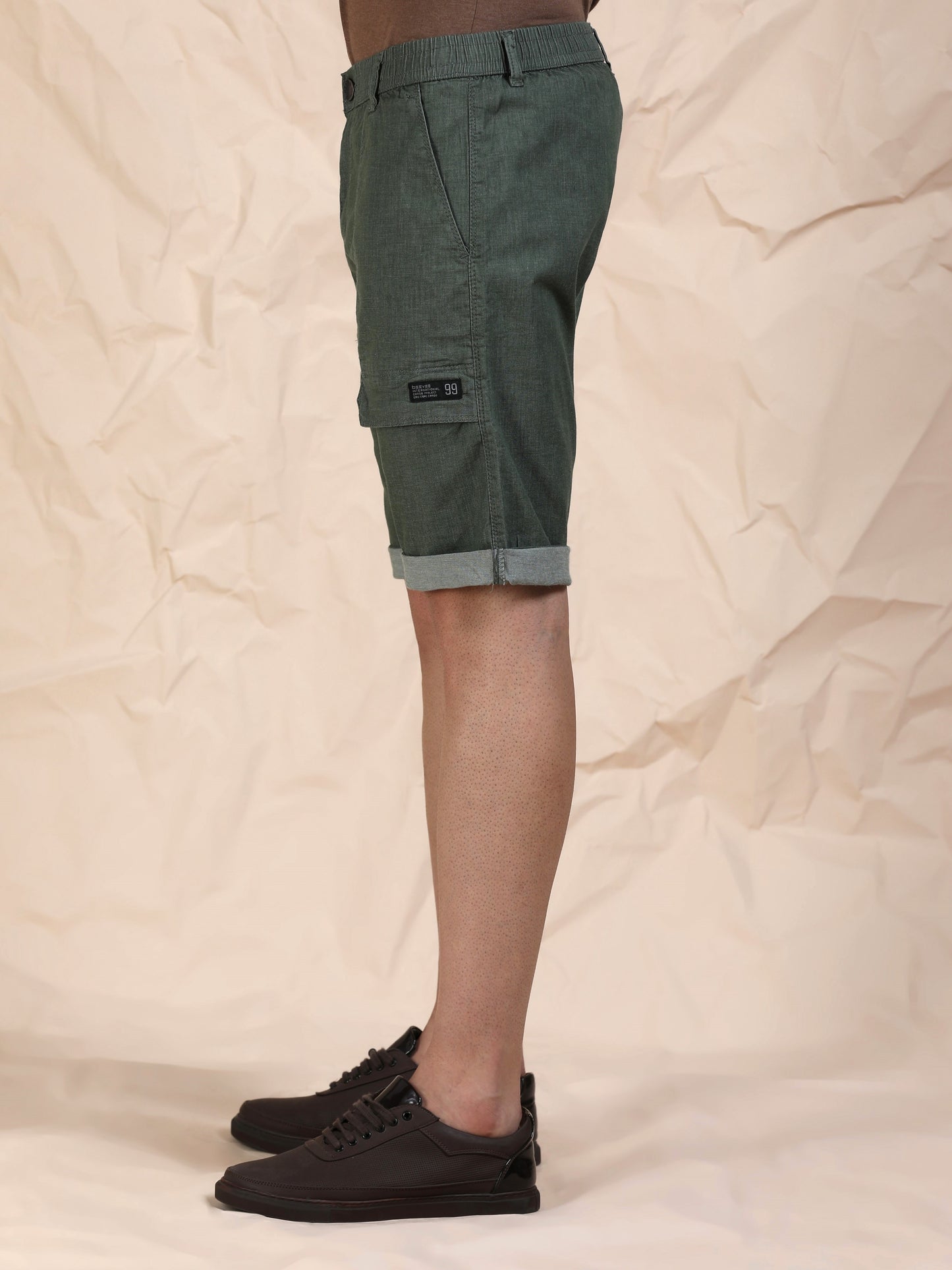 Men's Olive Solid Cotton Lycra Mid-Rise Casual Shorts