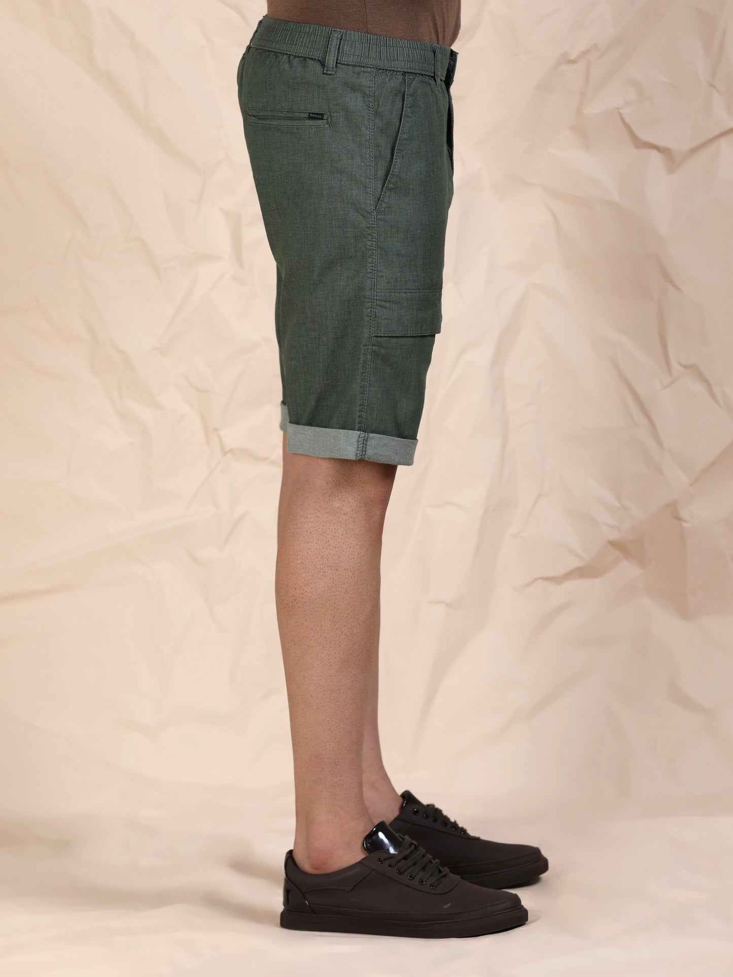 Men's Olive Solid Cotton Lycra Mid-Rise Casual Shorts