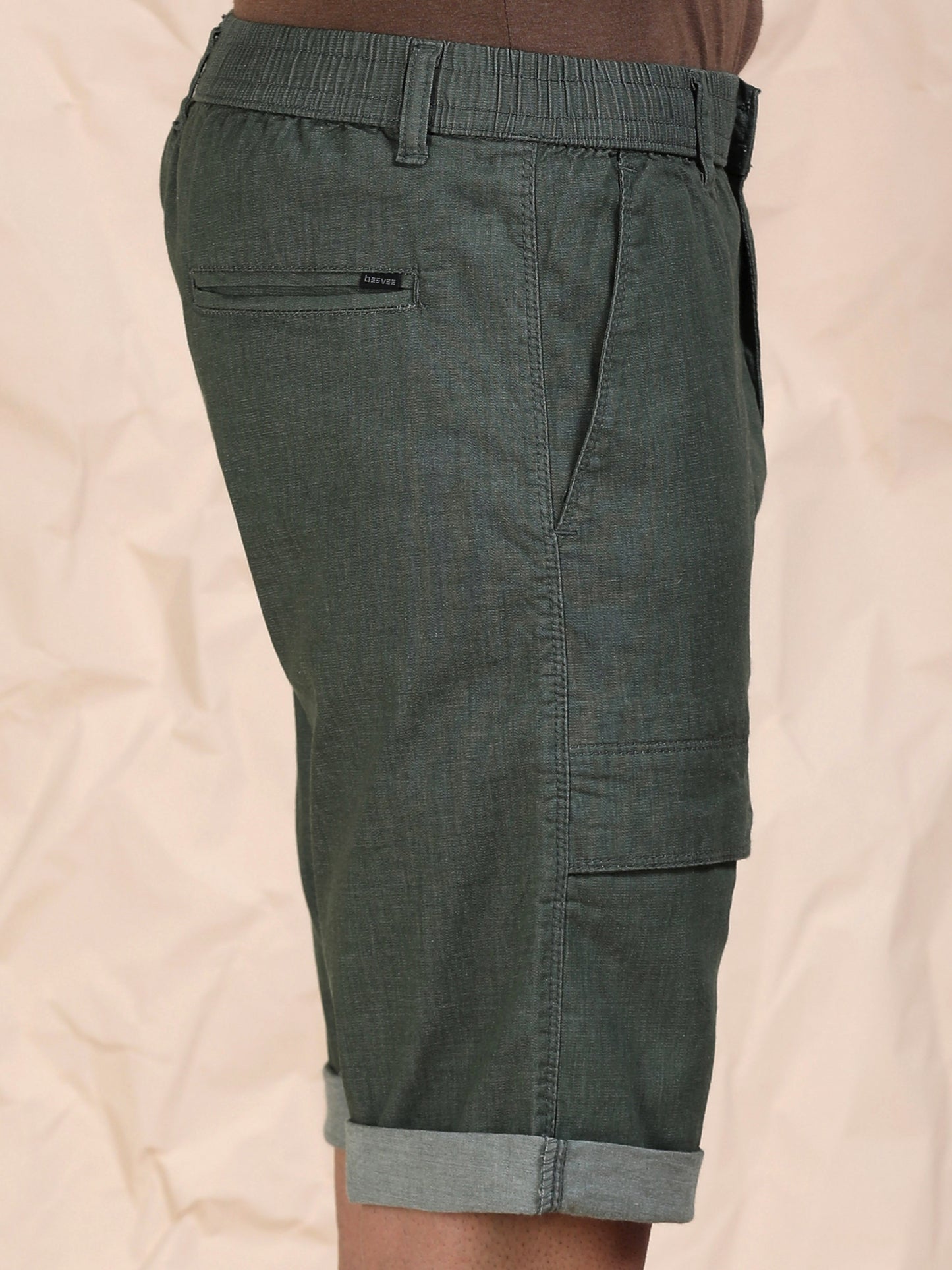 Men's Olive Solid Cotton Lycra Mid-Rise Casual Shorts