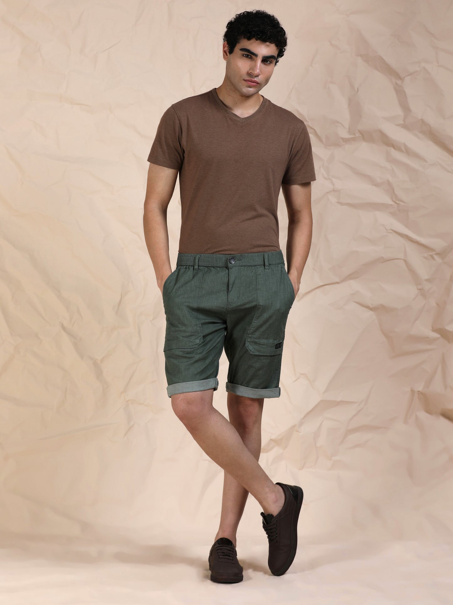 Men's Olive Solid Cotton Lycra Mid-Rise Casual Shorts