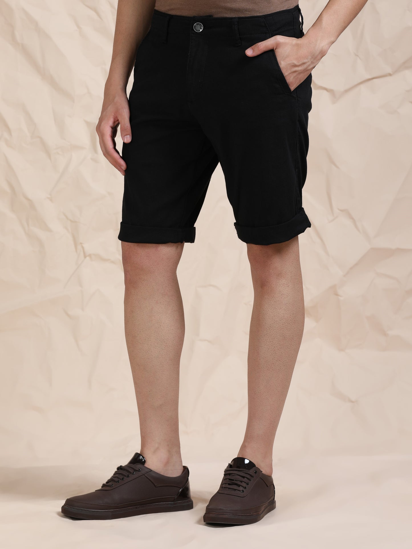 Cross Pocket Black Shorts with Metal Button