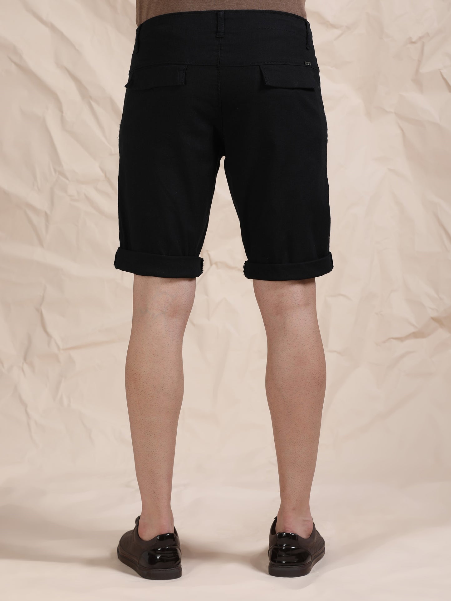Cross Pocket Black Shorts with Metal Button