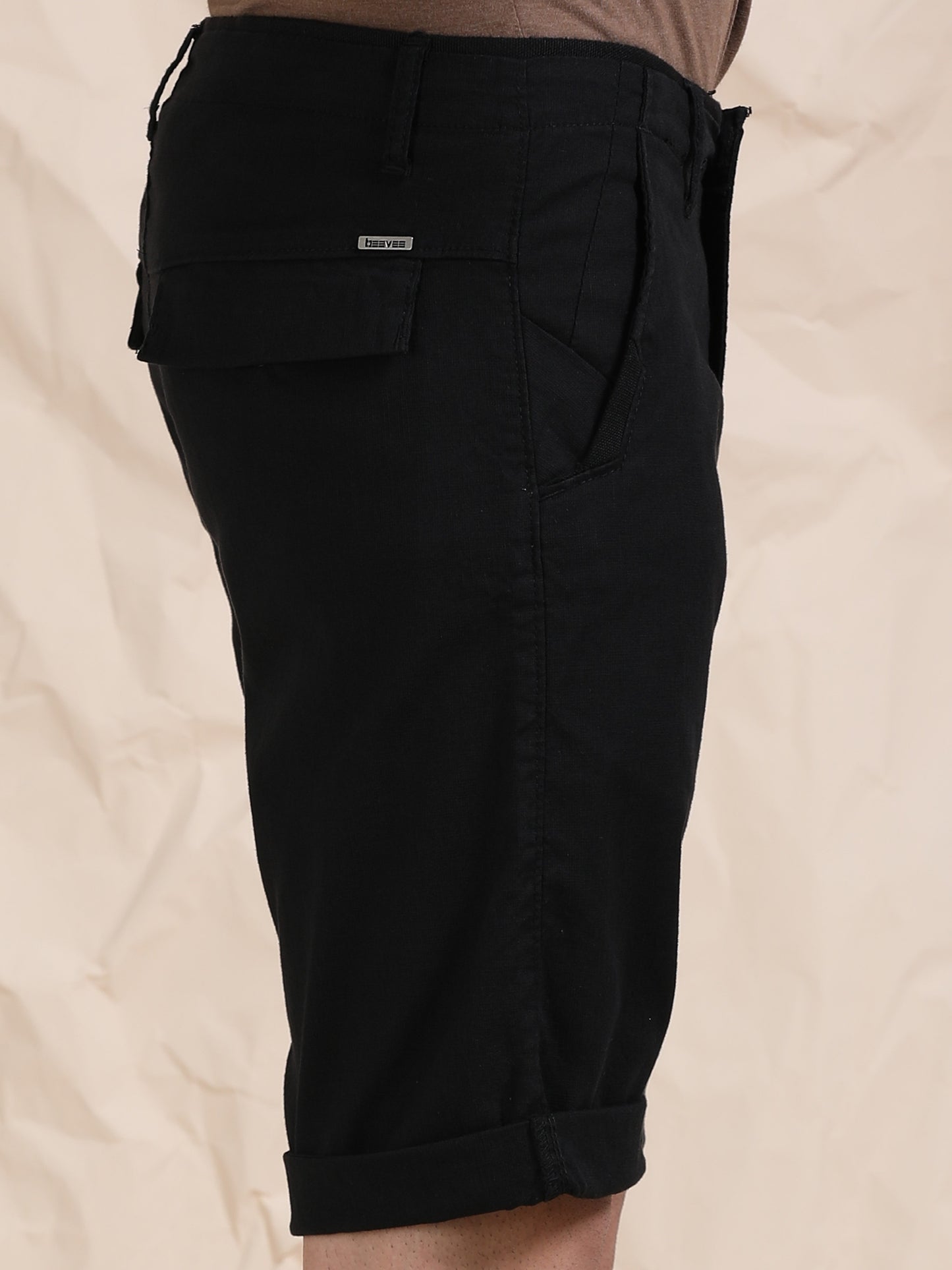Cross Pocket Black Shorts with Metal Button
