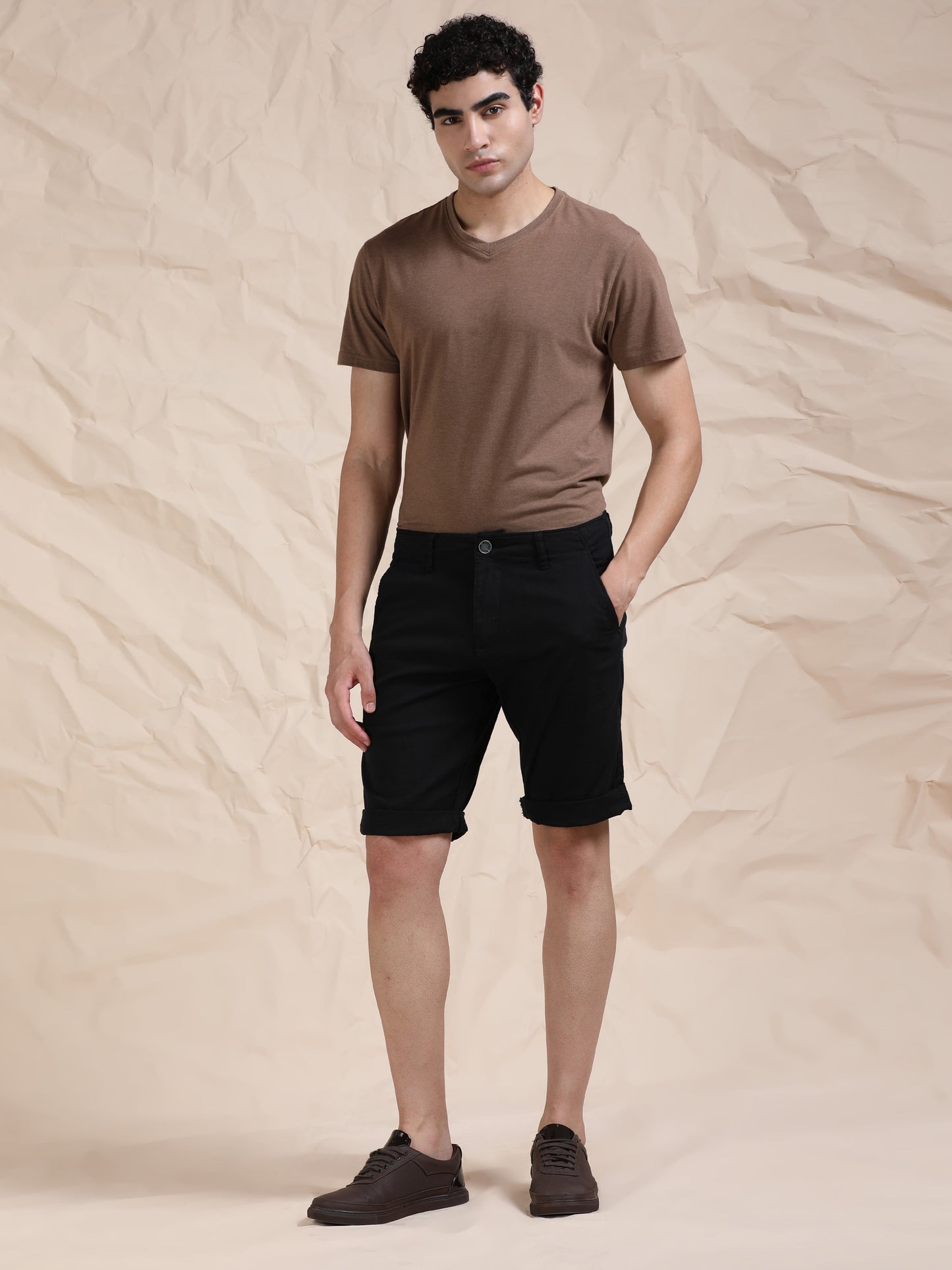 Cross Pocket Black Shorts with Metal Button