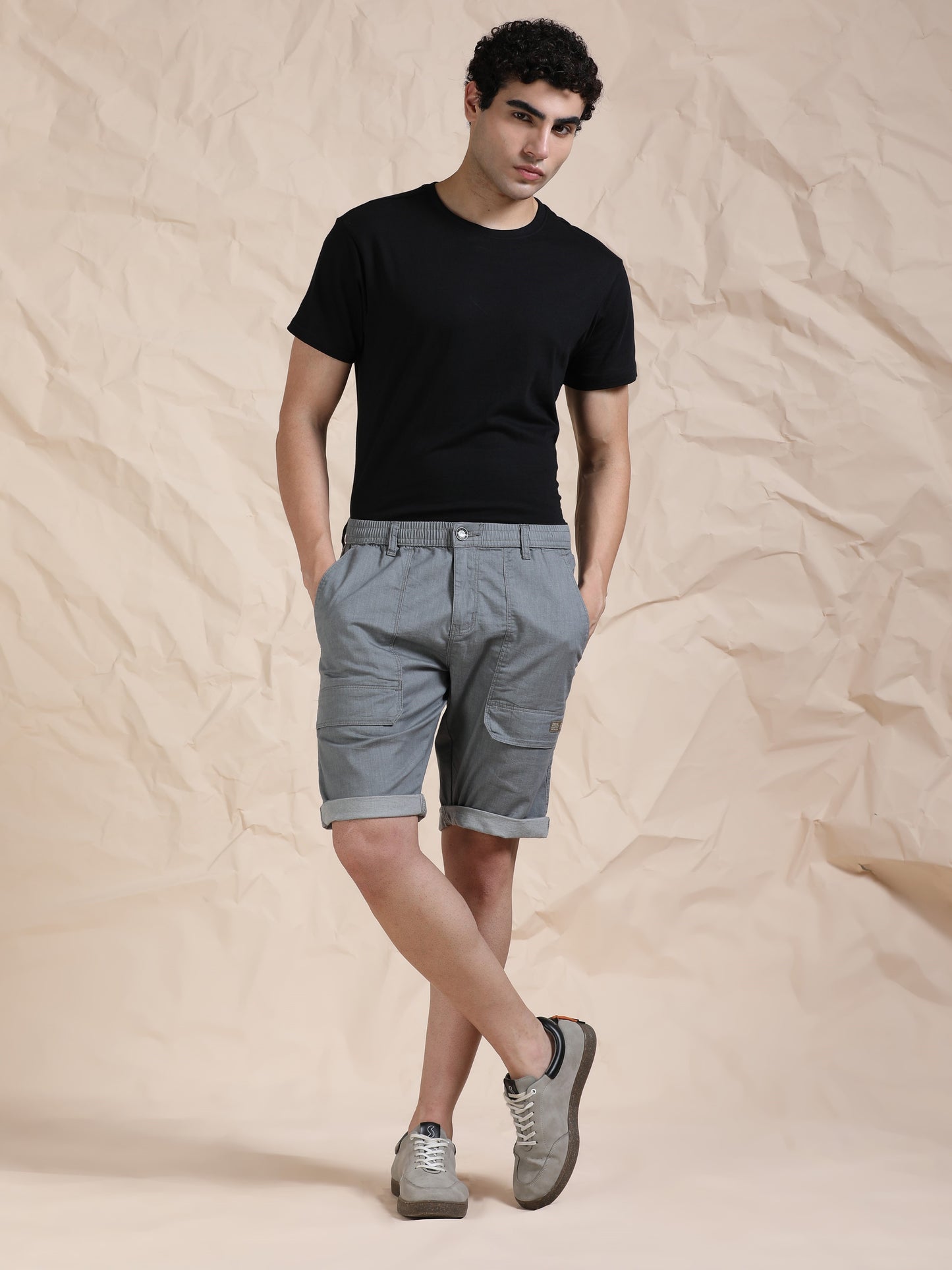 Men's Light Grey Solid Cotton Lycra Mid-Rise Casual Shorts
