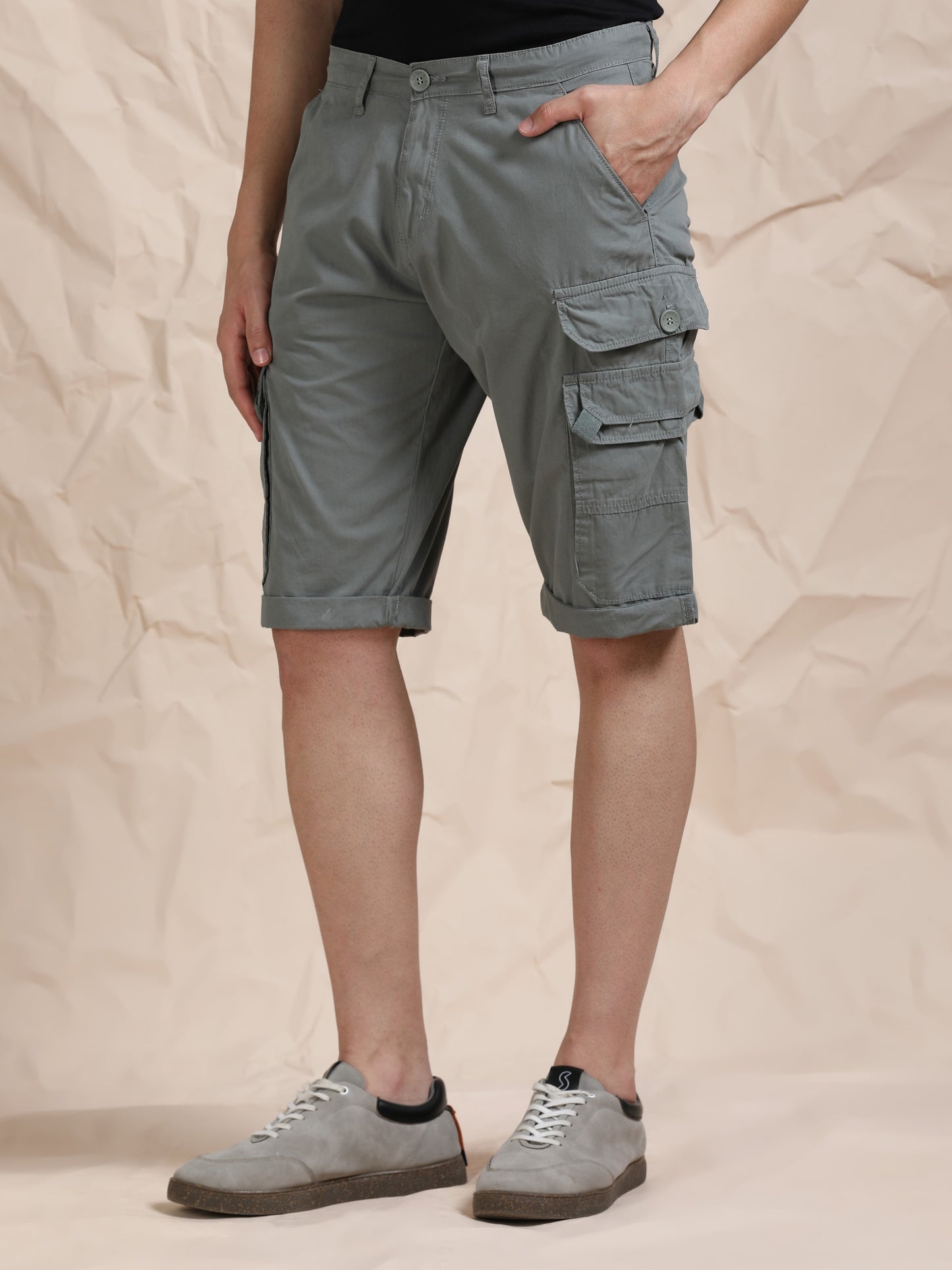 Cotton F Green Cargo Shorts with Cross Pocket